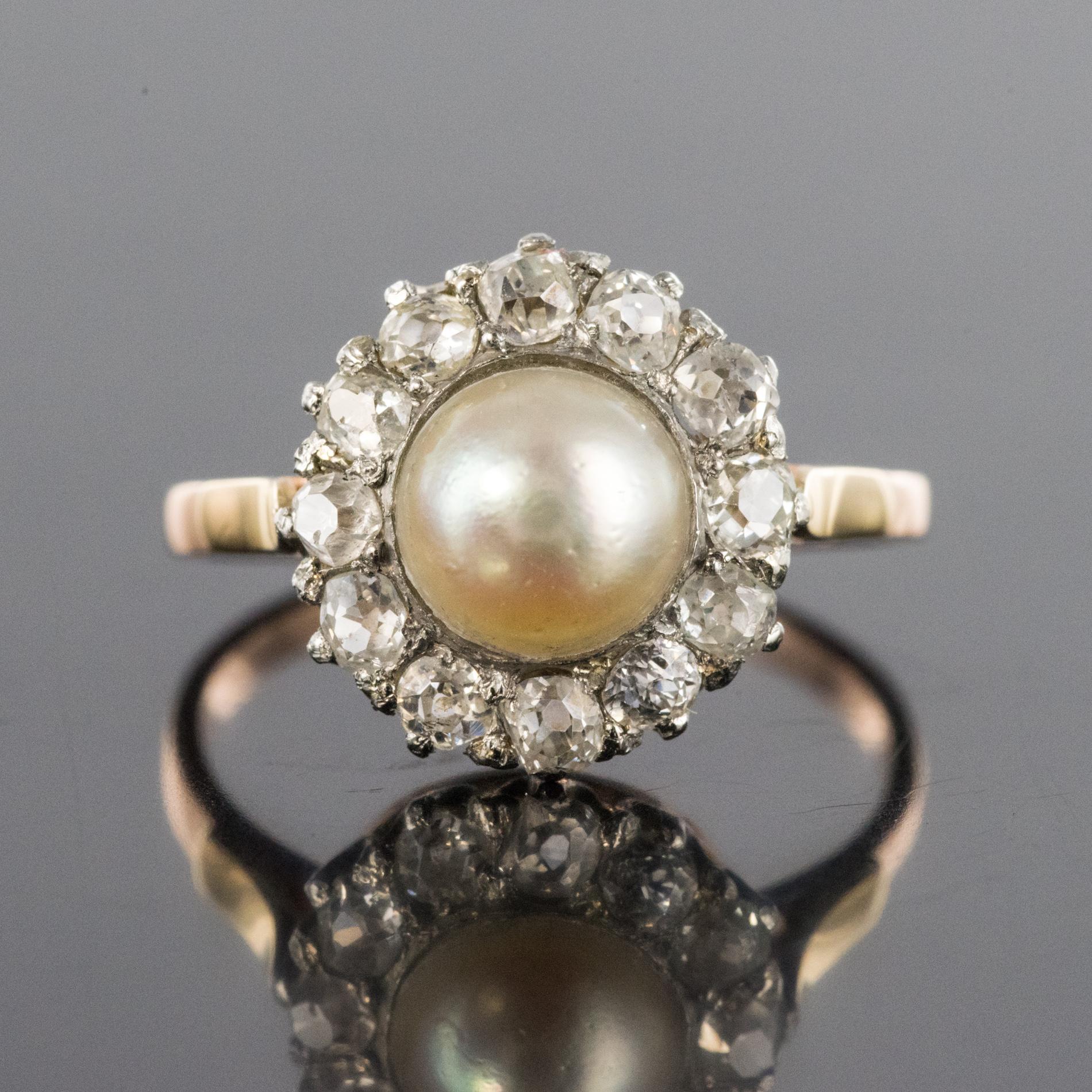 19th Century Natural Pearl Diamonds 18 Karat Rose Gold Daisy Ring 1