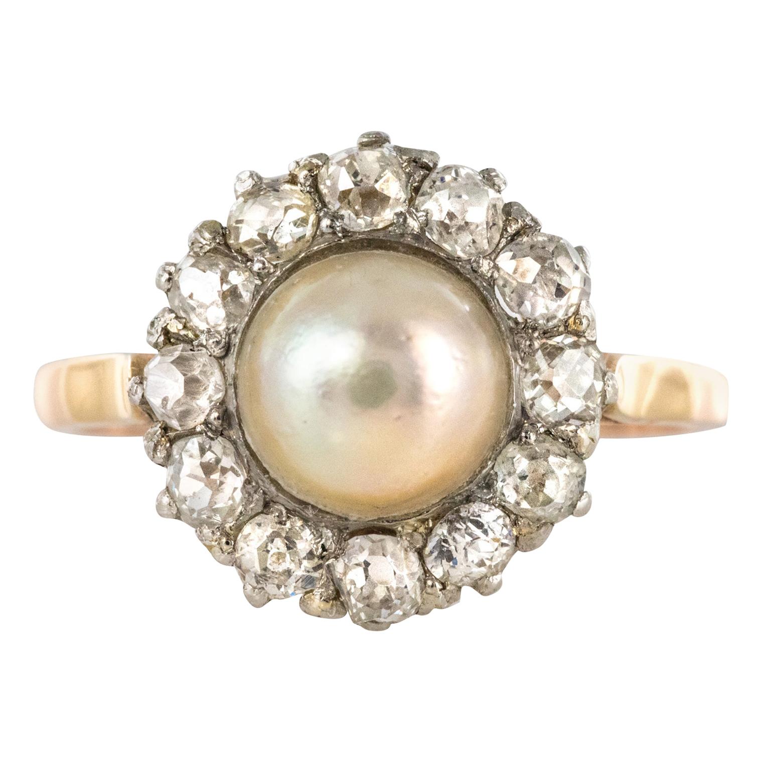 19th Century Natural Pearl Diamonds 18 Karat Rose Gold Daisy Ring