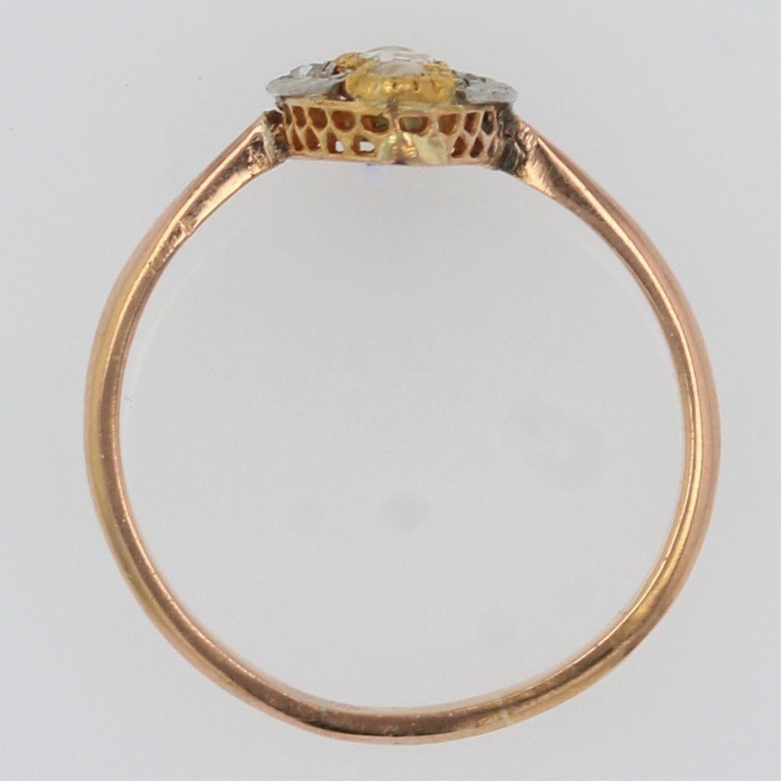 19th Century Natural Pearl Diamonds 18 Karat Rose Gold Marquise Ring For Sale 4
