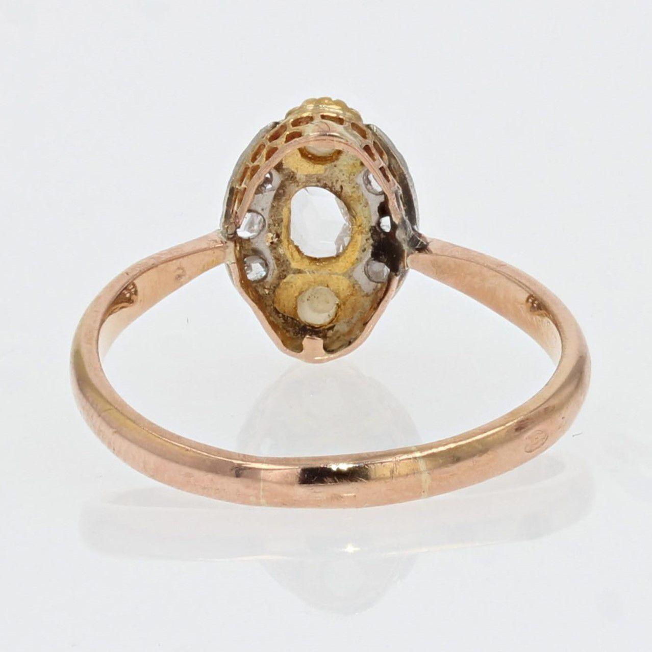 19th Century Natural Pearl Diamonds 18 Karat Rose Gold Marquise Ring For Sale 5