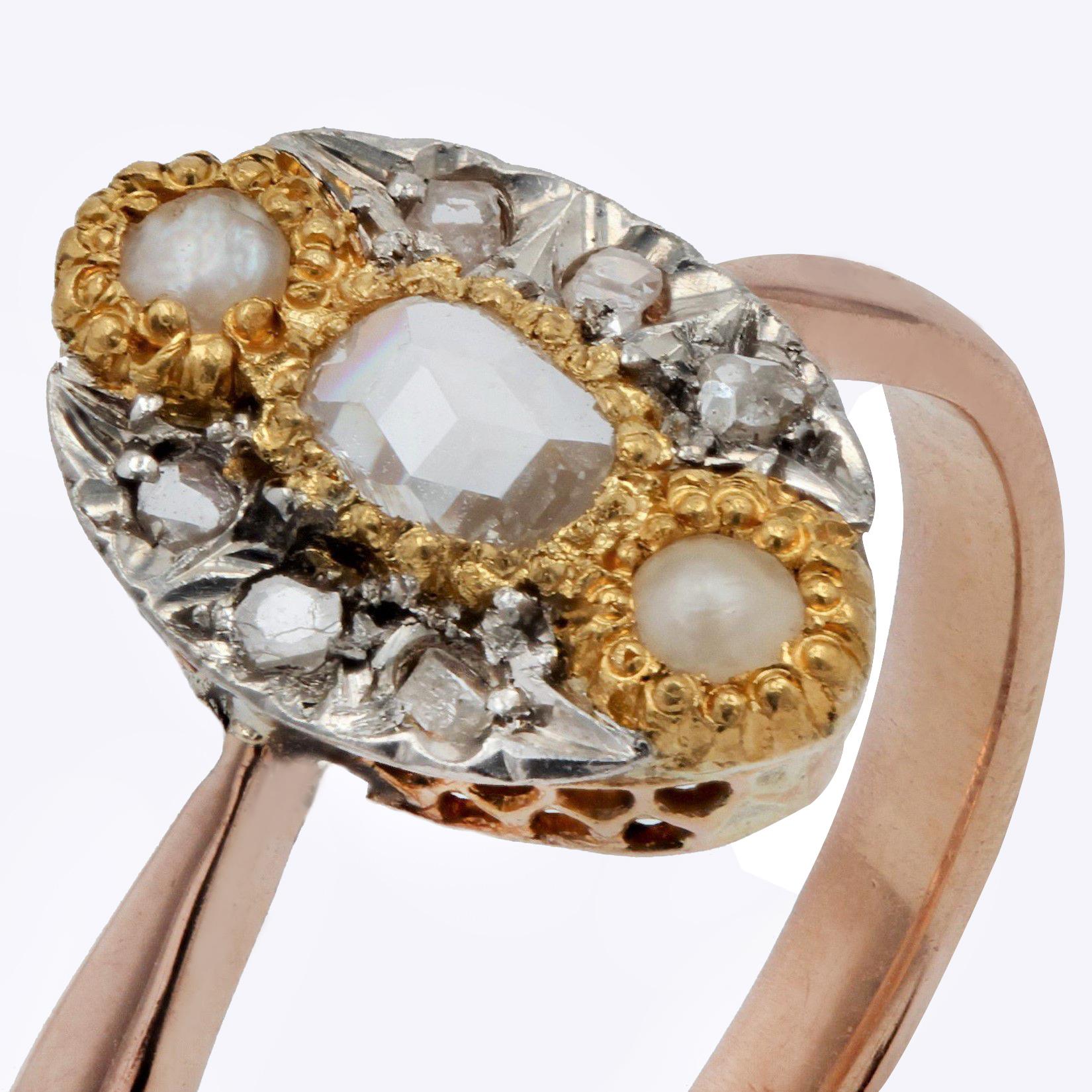 19th Century Natural Pearl Diamonds 18 Karat Rose Gold Marquise Ring For Sale 6