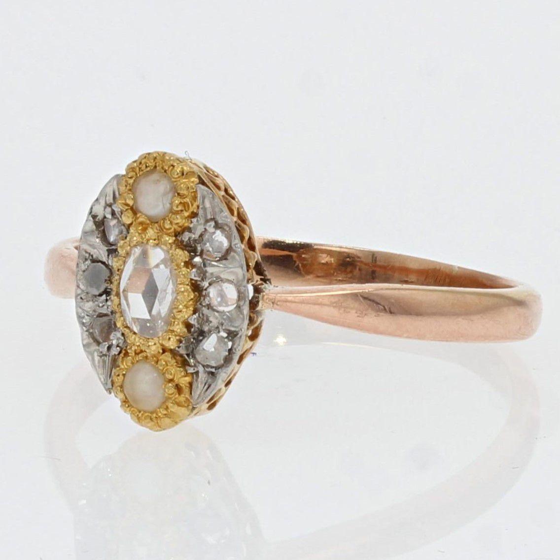 Belle Époque 19th Century Natural Pearl Diamonds 18 Karat Rose Gold Marquise Ring For Sale