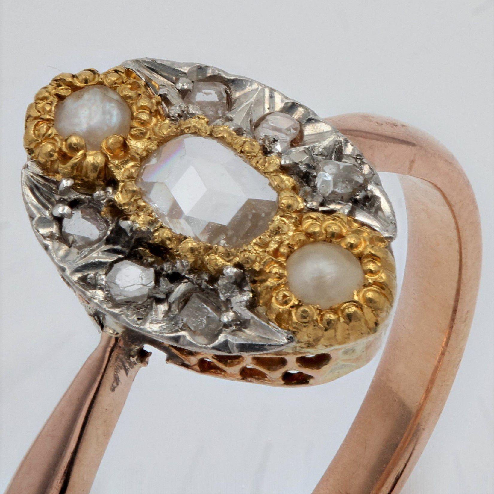 Taille rose Bague marquise en or rose 18 carats avec perles naturelles et diamants, XIXe siècle en vente
