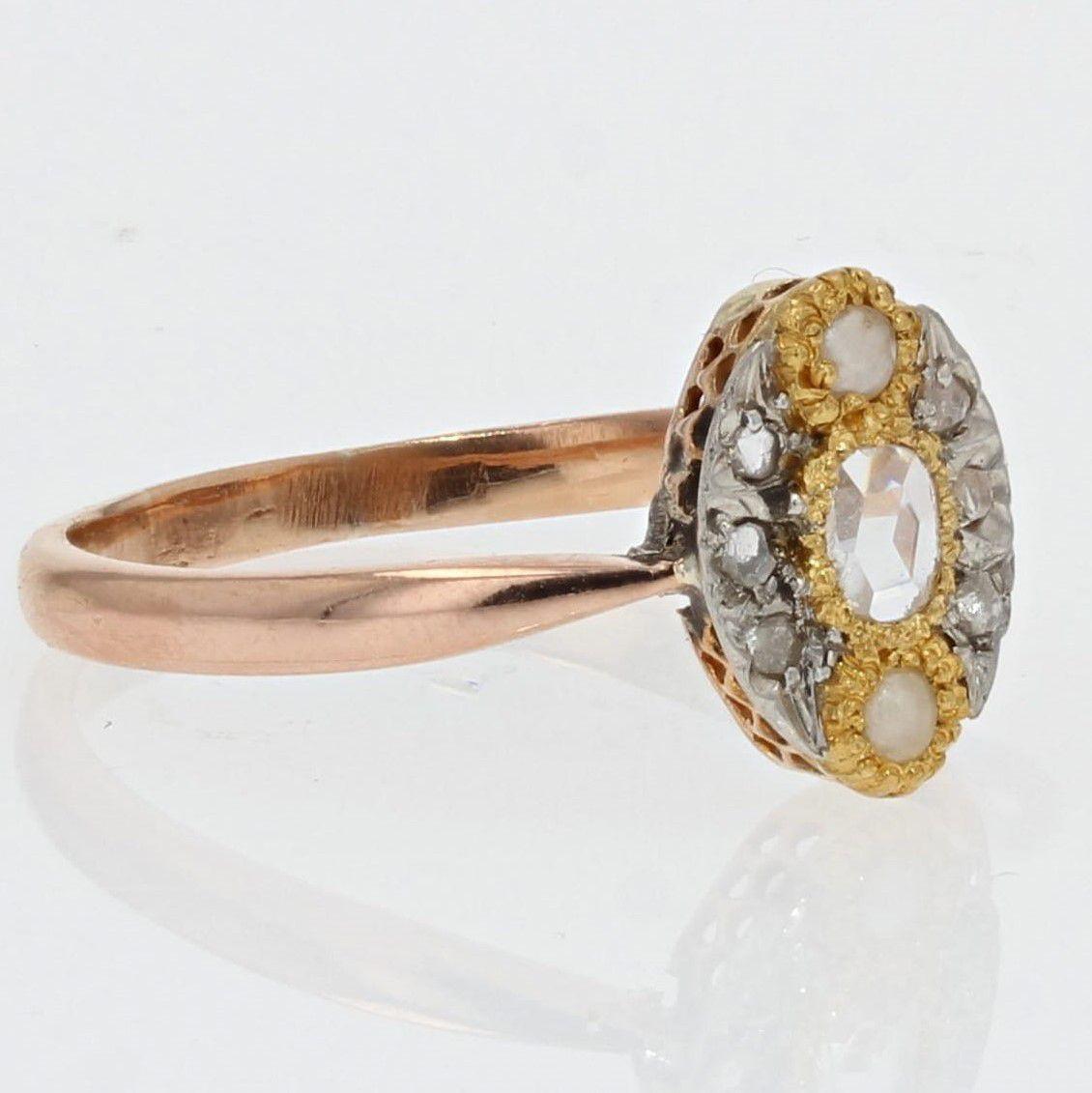 18 Karat Roségold Marquise-Ring mit natürlichen Perlen und Diamanten, 19. Jahrhundert im Zustand „Gut“ im Angebot in Poitiers, FR