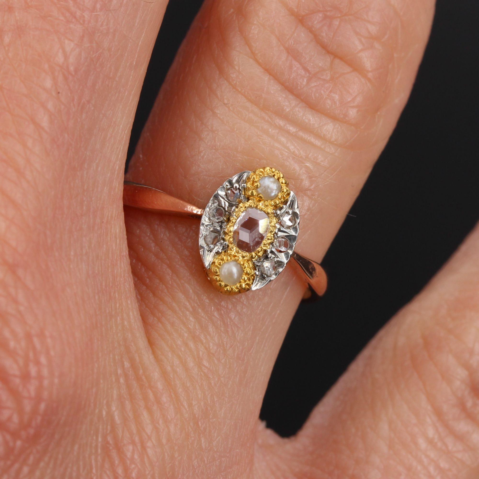 18 Karat Roségold Marquise-Ring mit natürlichen Perlen und Diamanten, 19. Jahrhundert Damen im Angebot