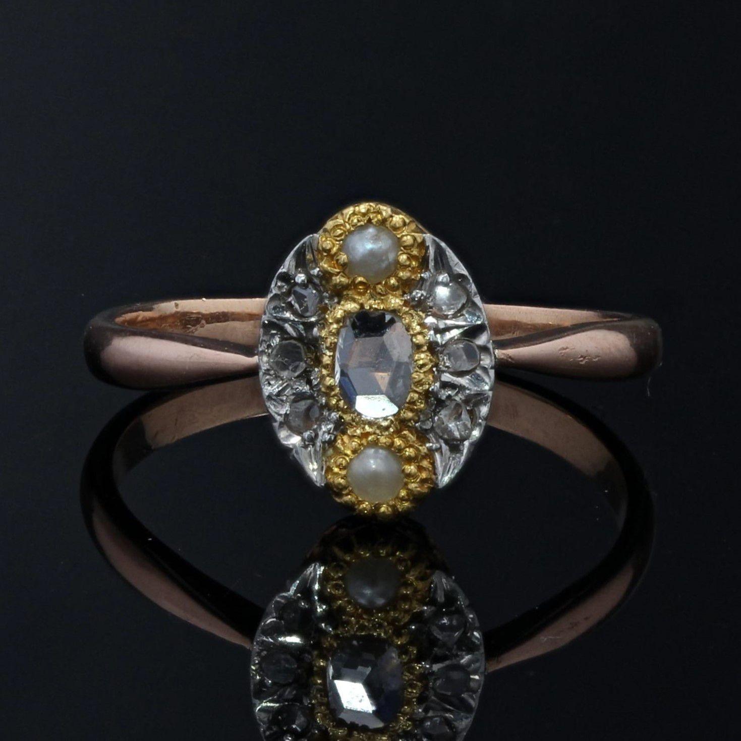 18 Karat Roségold Marquise-Ring mit natürlichen Perlen und Diamanten, 19. Jahrhundert im Angebot 1