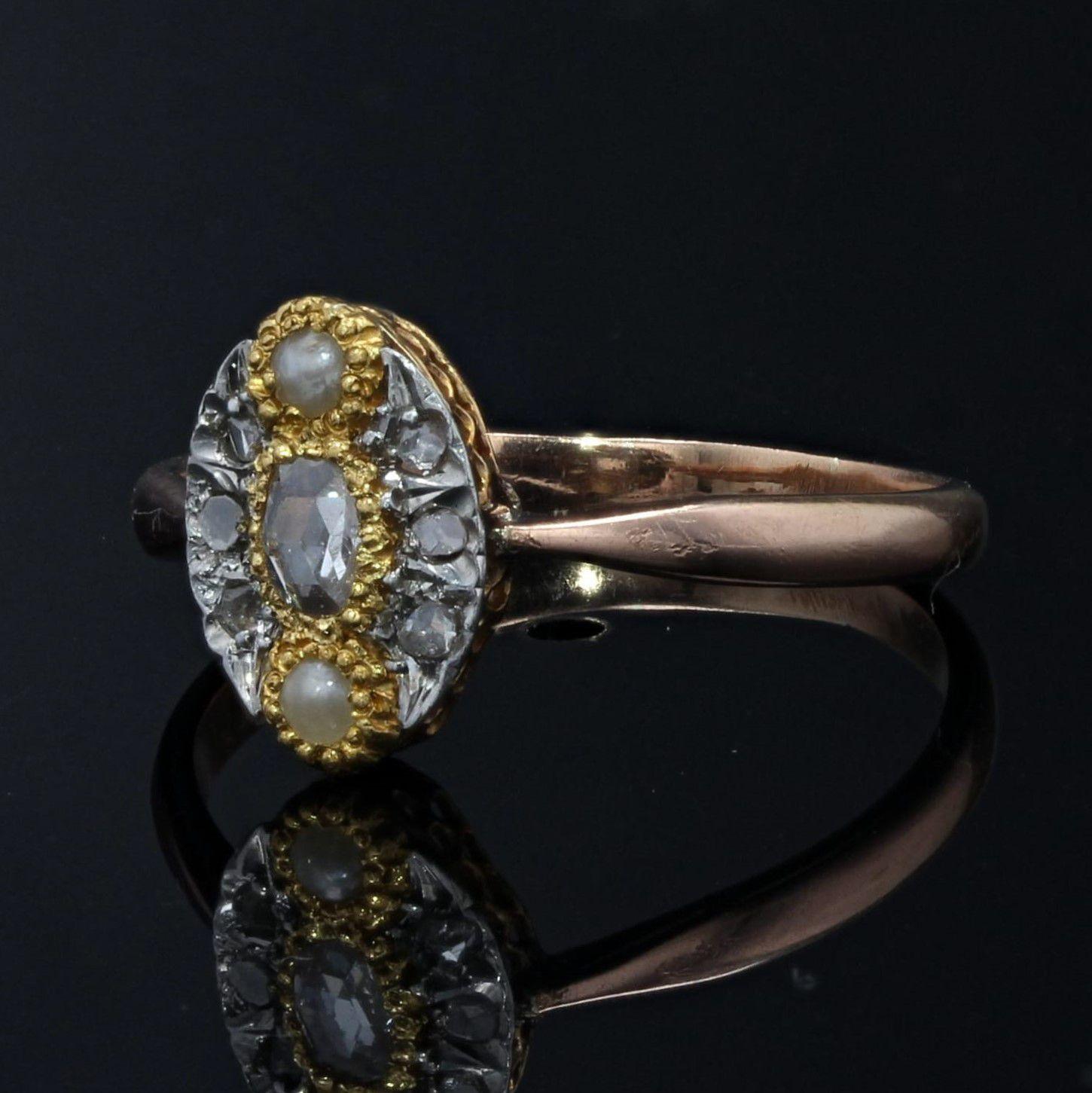 18 Karat Roségold Marquise-Ring mit natürlichen Perlen und Diamanten, 19. Jahrhundert im Angebot 2
