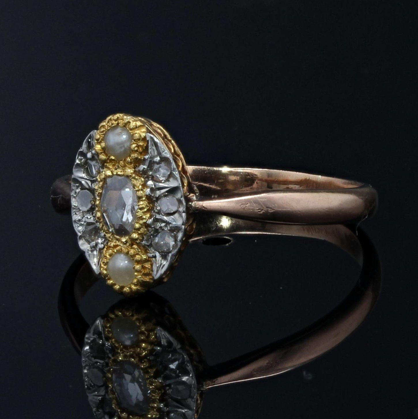 Bague marquise en or rose 18 carats avec perles naturelles et diamants, XIXe siècle en vente 2