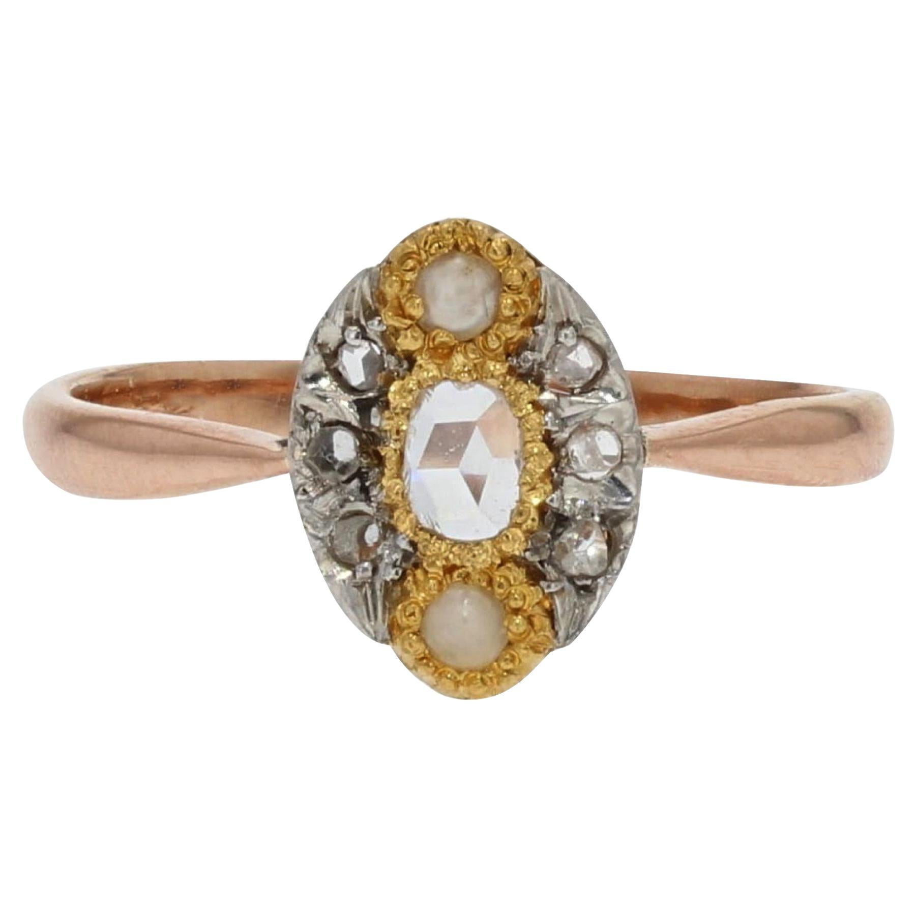 19th Century Natural Pearl Diamonds 18 Karat Rose Gold Marquise Ring For Sale
