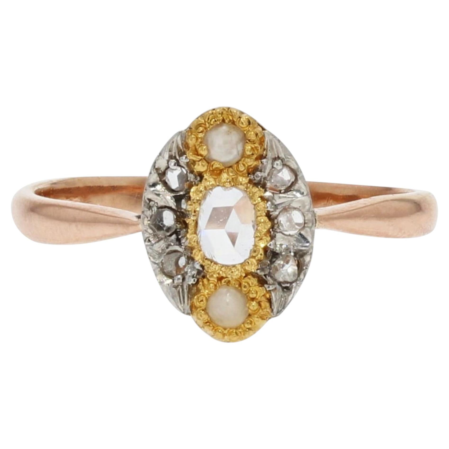 Anillo marquesa de oro rosa de 18 quilates con diamantes de perlas naturales del siglo XIX en venta