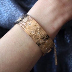 19th Century Natural Pearl Floral Pattern 18 Karat Rose Gold Bangle Bracelet