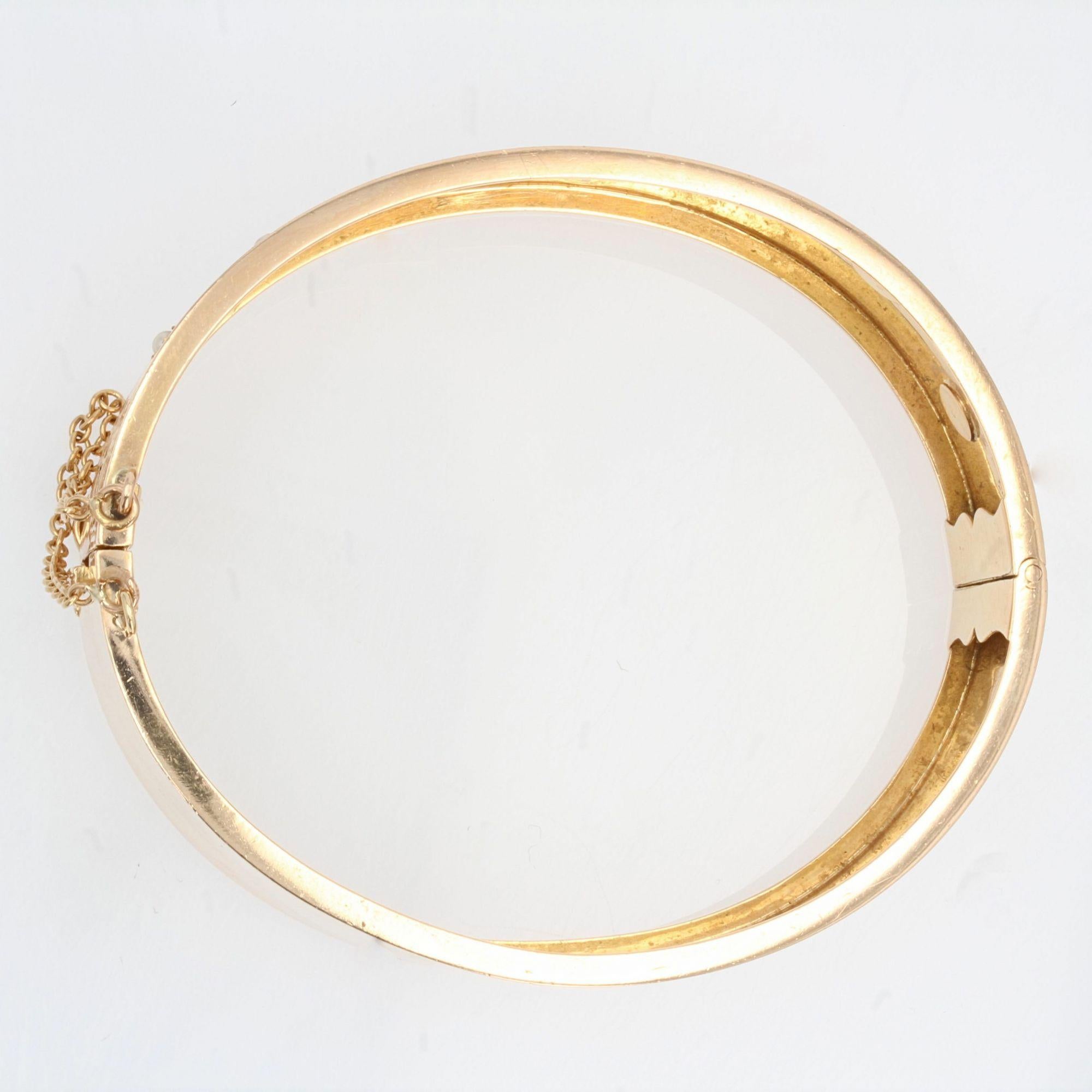 Women's 19th Century Natural Pearl Floral Pattern 18 Karat Rose Gold Bangle Bracelet For Sale