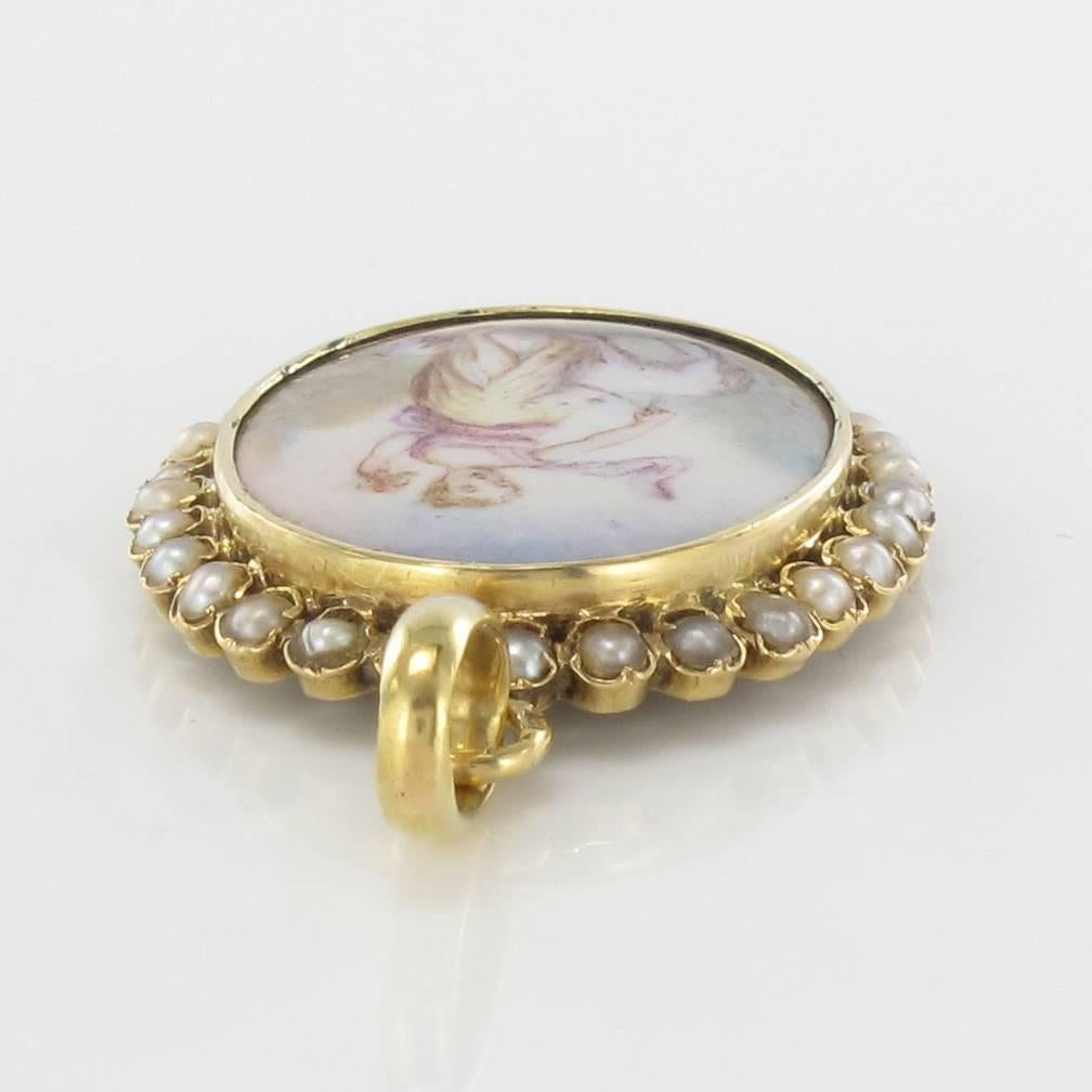 Romantic 19th Century Natural Pearl Miniature Porcelain  Medallion Pendant Necklace
