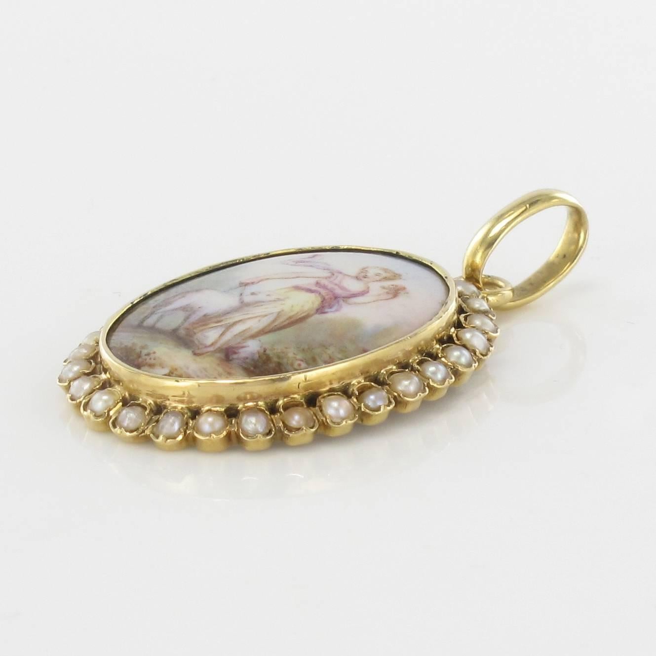 Women's 19th Century Natural Pearl Miniature Porcelain  Medallion Pendant Necklace