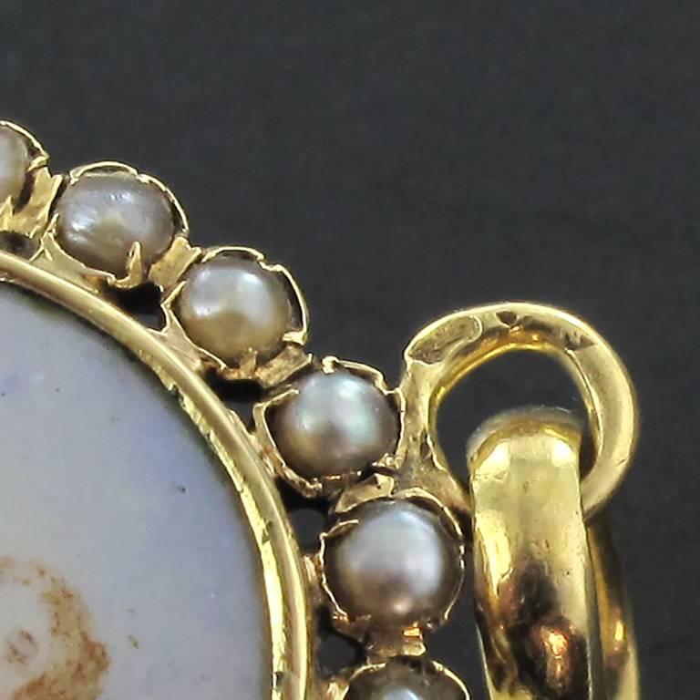 19th Century Natural Pearl Miniature Porcelain  Medallion Pendant Necklace 1