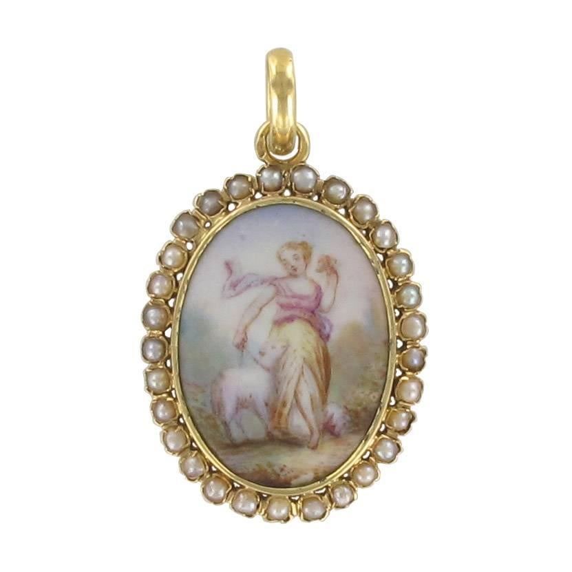 19th Century Natural Pearl Miniature Porcelain  Medallion Pendant Necklace