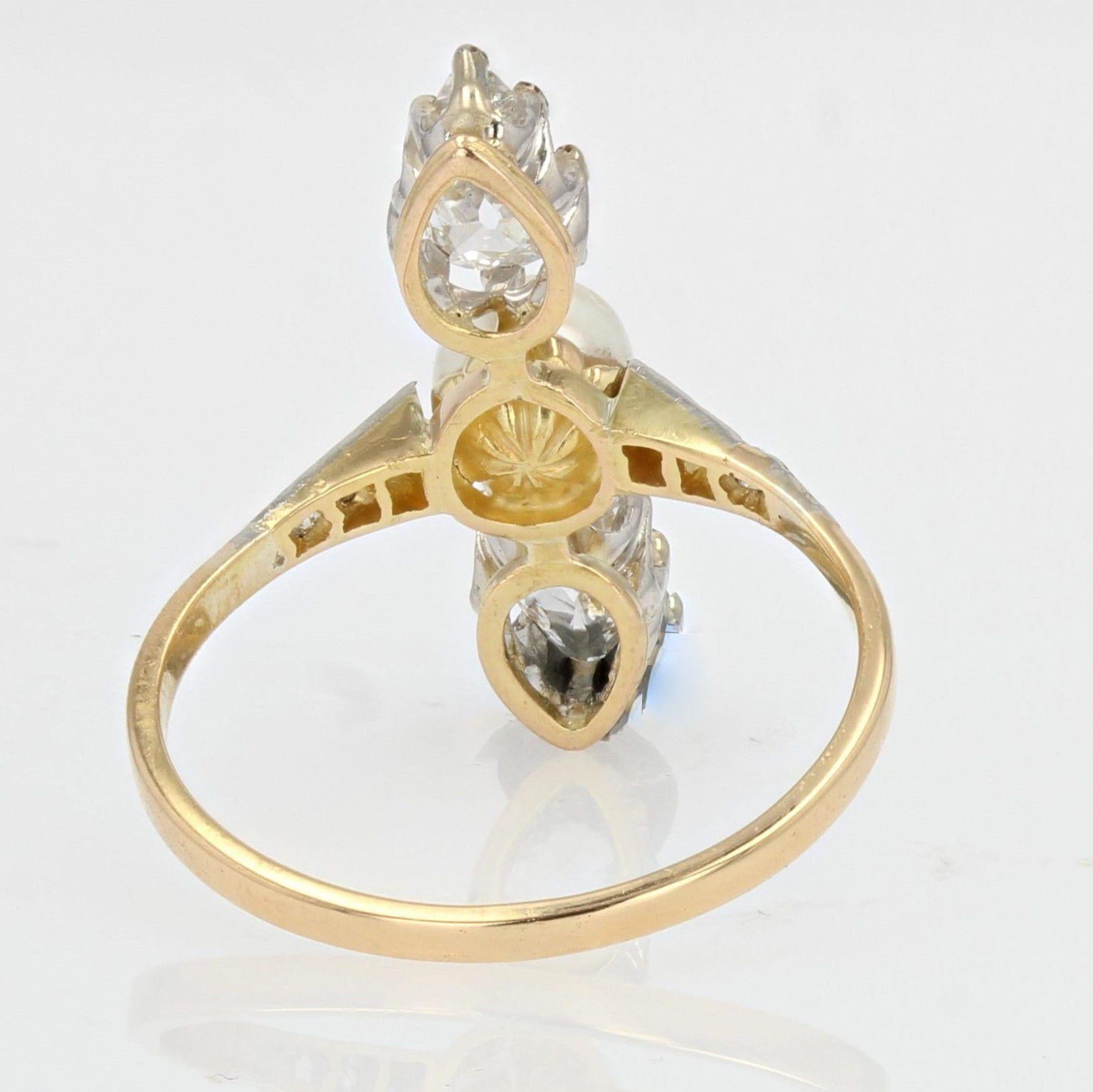 19th Century Natural Pearl Pear- Cut Diamonds 18 Karat Yellow Gold Ring For Sale 5