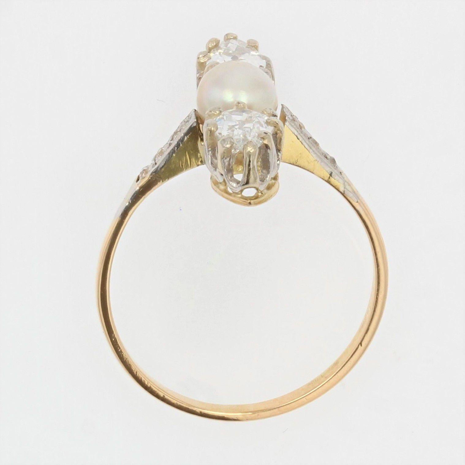 19th Century Natural Pearl Pear- Cut Diamonds 18 Karat Yellow Gold Ring For Sale 6