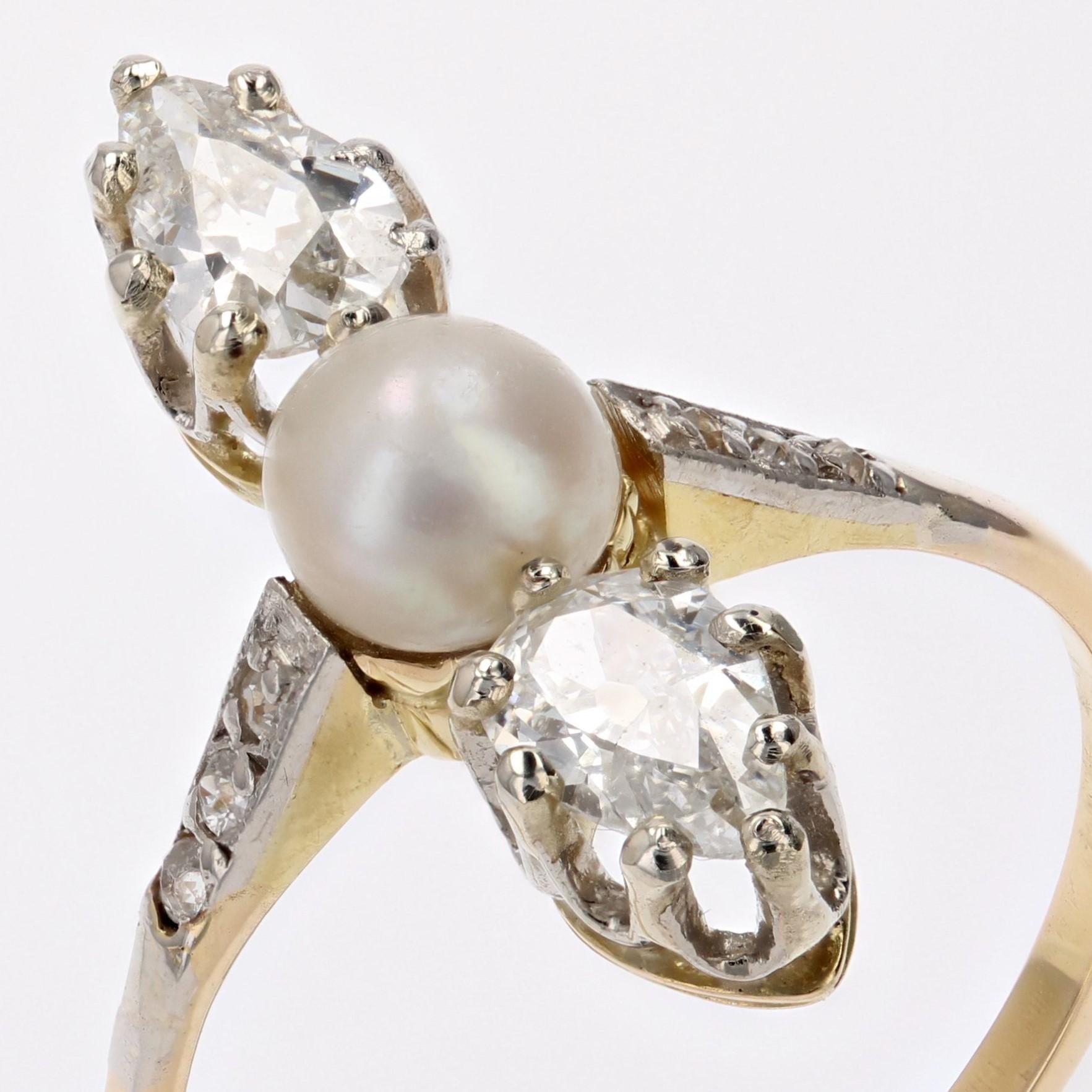 Napoleon III 19th Century Natural Pearl Pear- Cut Diamonds 18 Karat Yellow Gold Ring For Sale