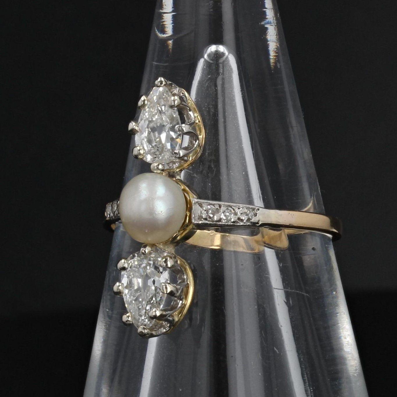 Women's 19th Century Natural Pearl Pear- Cut Diamonds 18 Karat Yellow Gold Ring For Sale