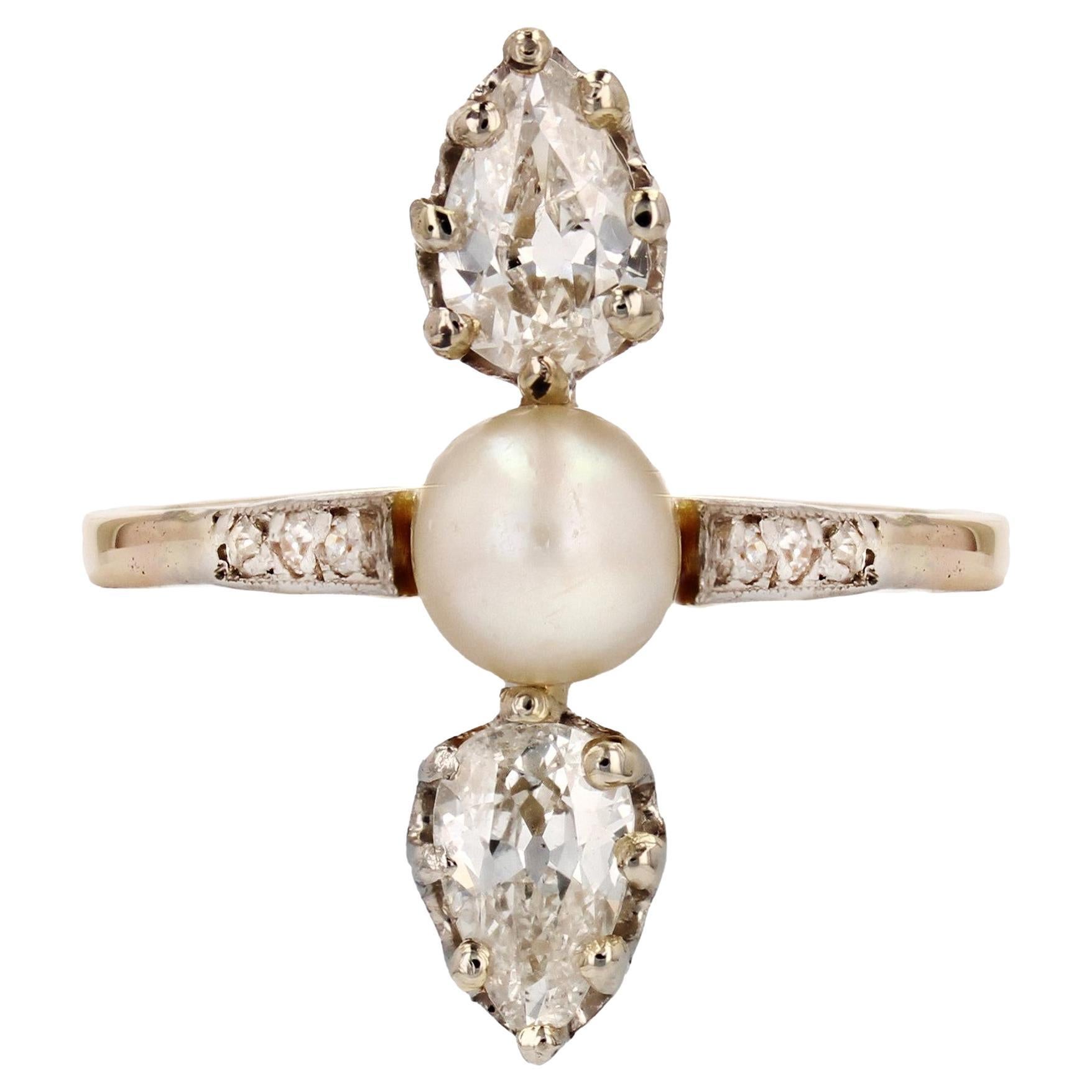 19th Century Natural Pearl Pear- Cut Diamonds 18 Karat Yellow Gold Ring