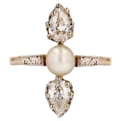 Antique 19th Century Natural Pearl Pear- Cut Diamonds 18 Karat Yellow Gold Ring