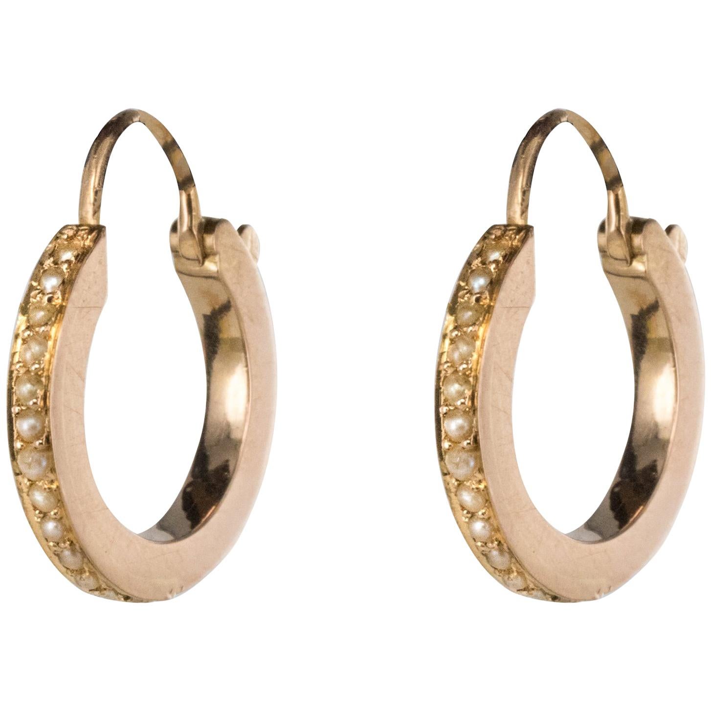 19th Century Natural Pearl Rose Gold Hoop Earrings