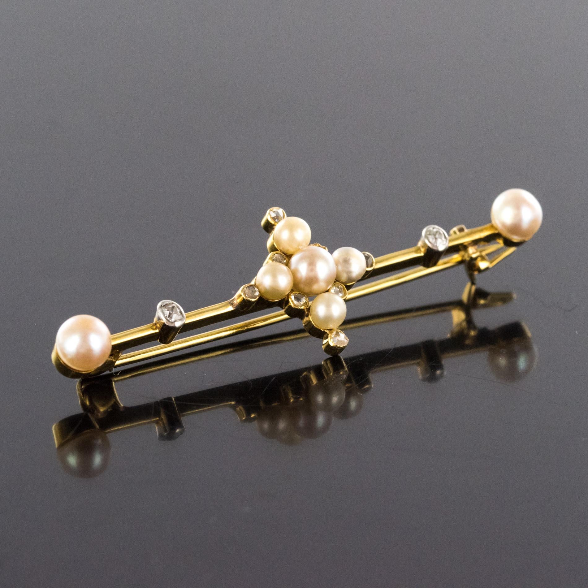 Rose Cut 19th Century Natural Pearls 18 Karat Yellow Gold Pin Brooch For Sale