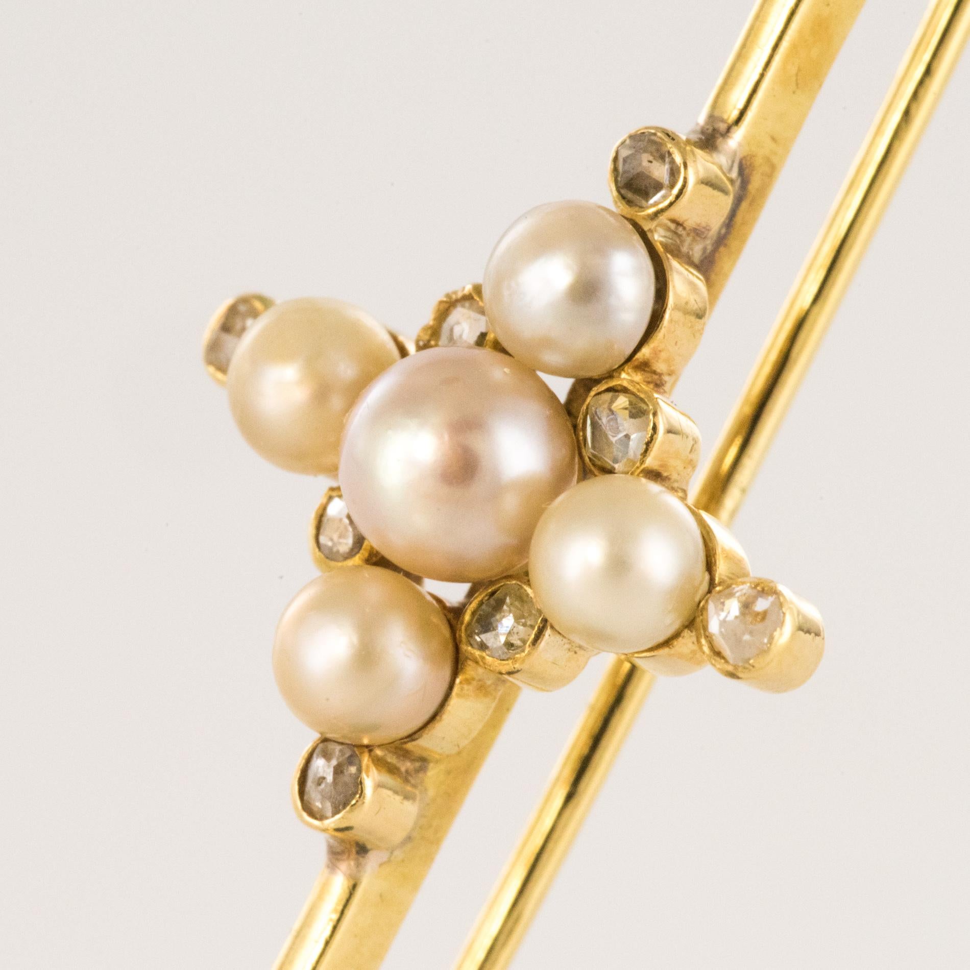 19th Century Natural Pearls 18 Karat Yellow Gold Pin Brooch For Sale 1