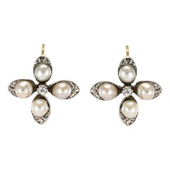 Antique 19th Century Natural Pearls Diamonds Clover Shape Lever- Back Earrings