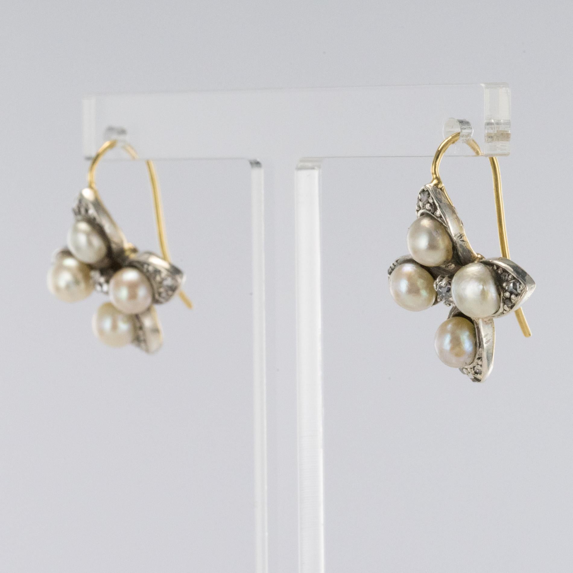 Belle Époque 19th Century Natural Pearls Diamonds Clover Shape Lever- Back Earrings