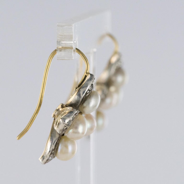 Women's 19th Century Natural Pearls Diamonds Clover Shape Lever- Back Earrings