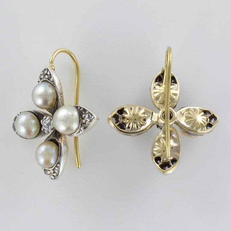 19th Century Natural Pearls Diamonds Clover Shape Lever- Back Earrings 2