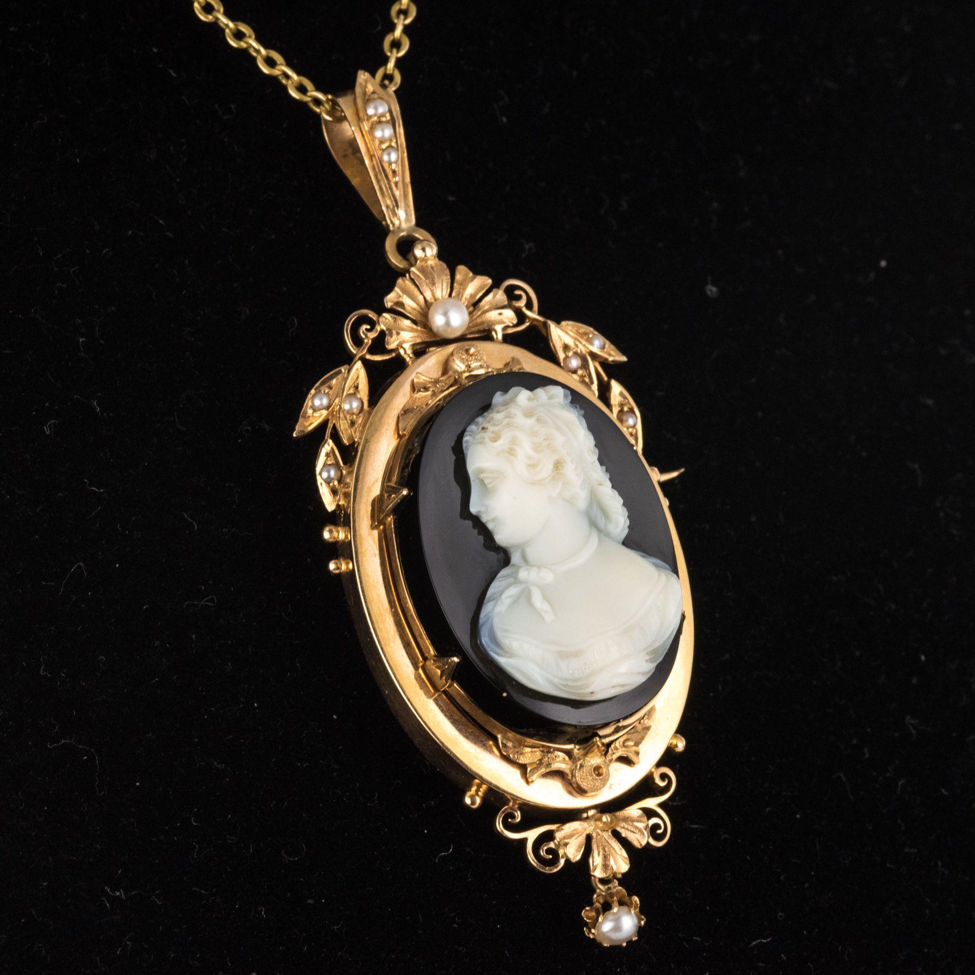 19th Century Natural Pearls Onyx Cameo 18 Karat Rose Gold Pendant Brooch 5