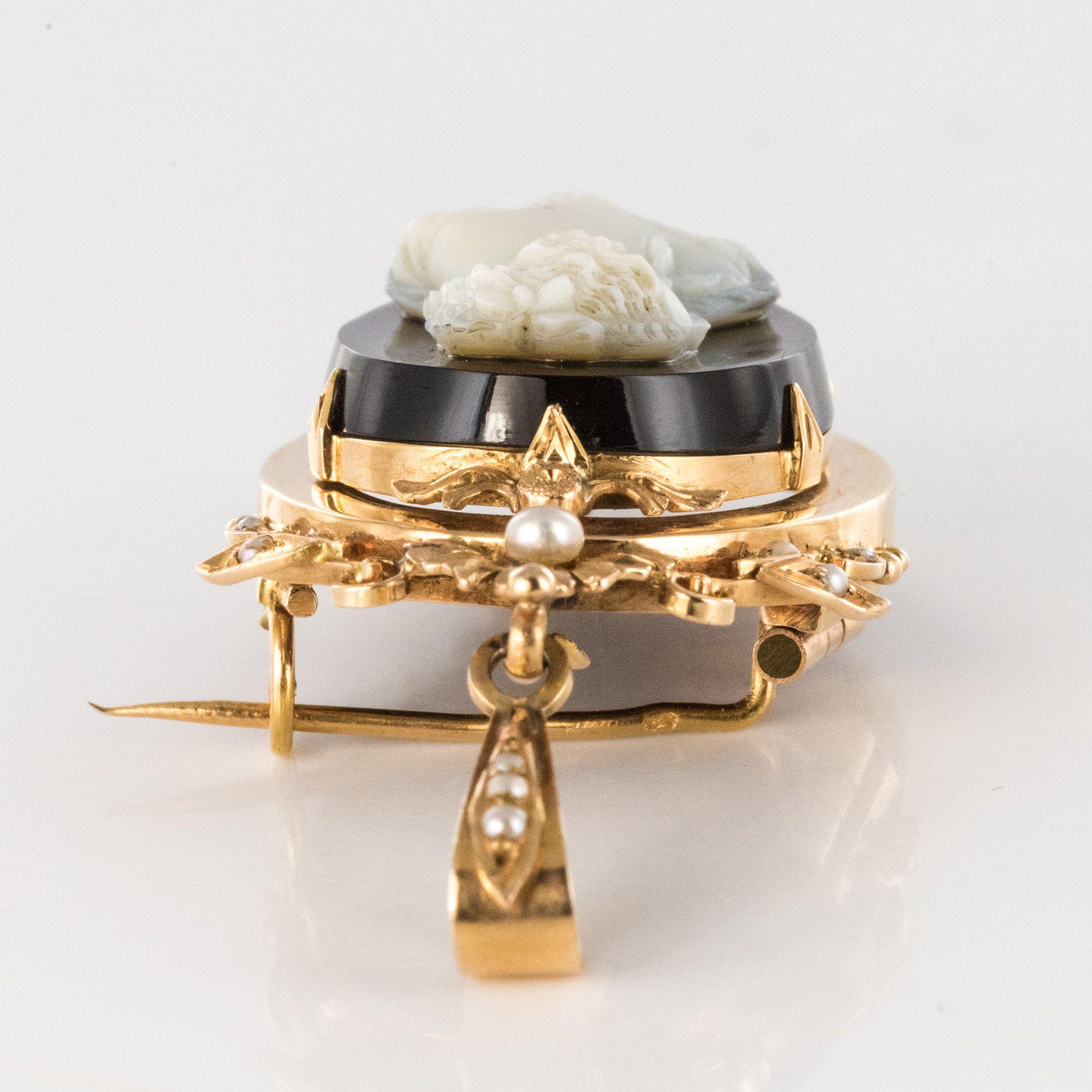 19th Century Natural Pearls Onyx Cameo 18 Karat Rose Gold Pendant Brooch 6