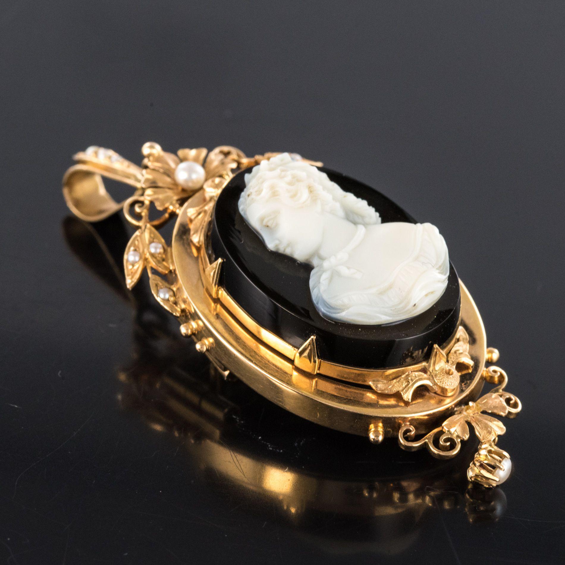 19th Century Natural Pearls Onyx Cameo 18 Karat Rose Gold Pendant Brooch 9