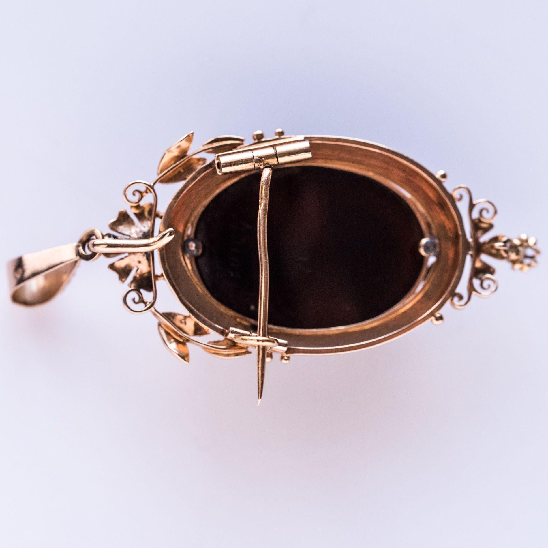 19th Century Natural Pearls Onyx Cameo 18 Karat Rose Gold Pendant Brooch 13