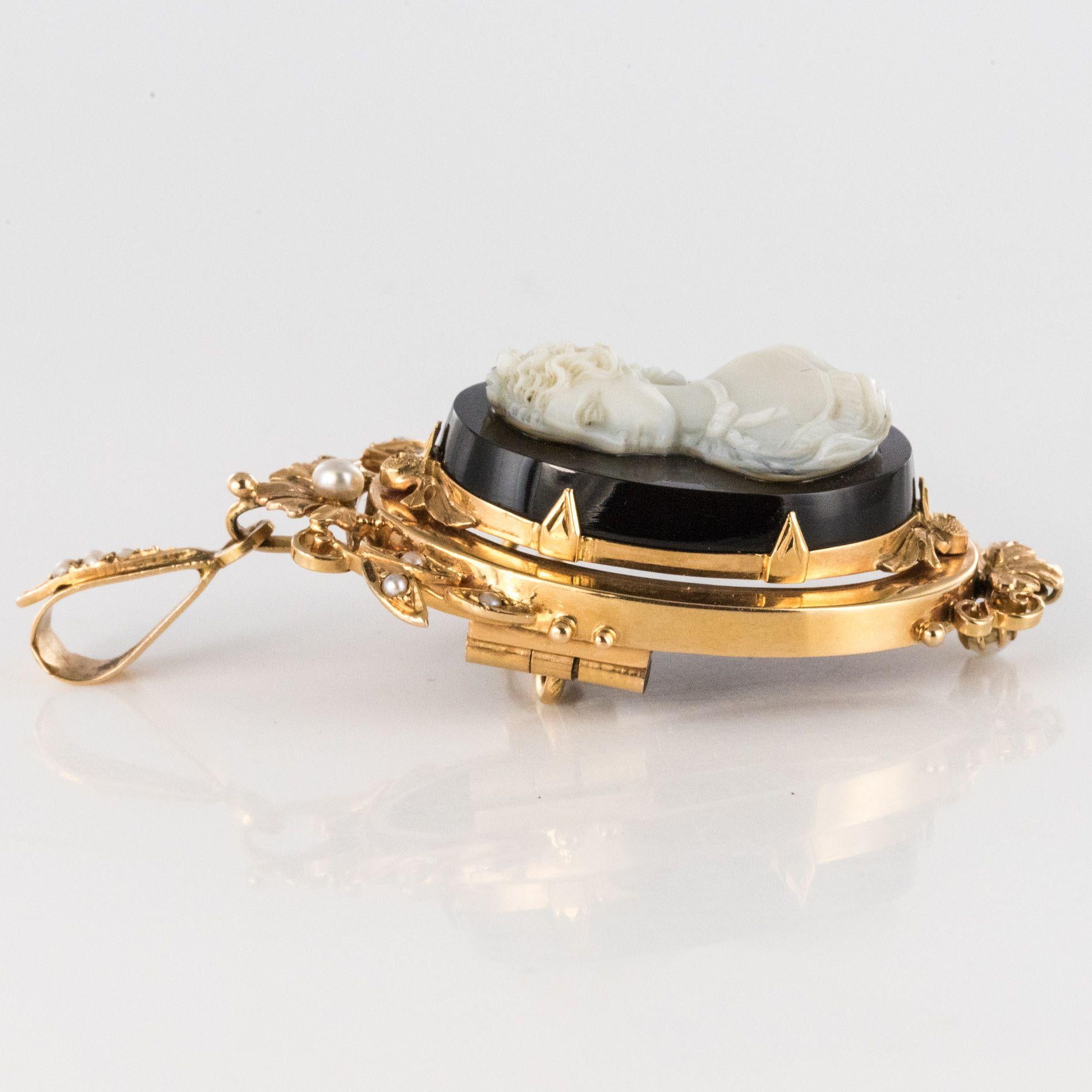 19th Century Natural Pearls Onyx Cameo 18 Karat Rose Gold Pendant Brooch 1