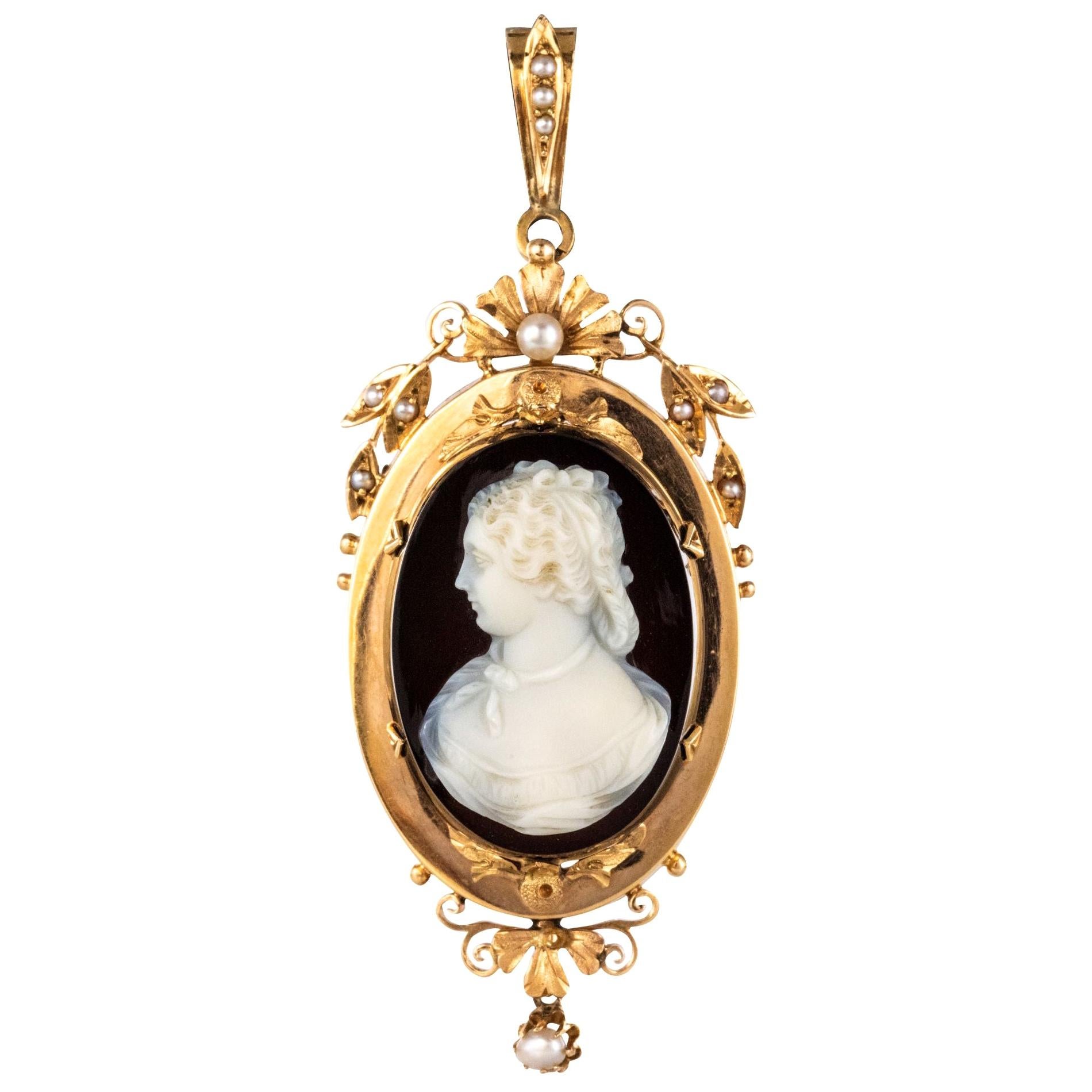 19th Century Natural Pearls Onyx Cameo 18 Karat Rose Gold Pendant Brooch
