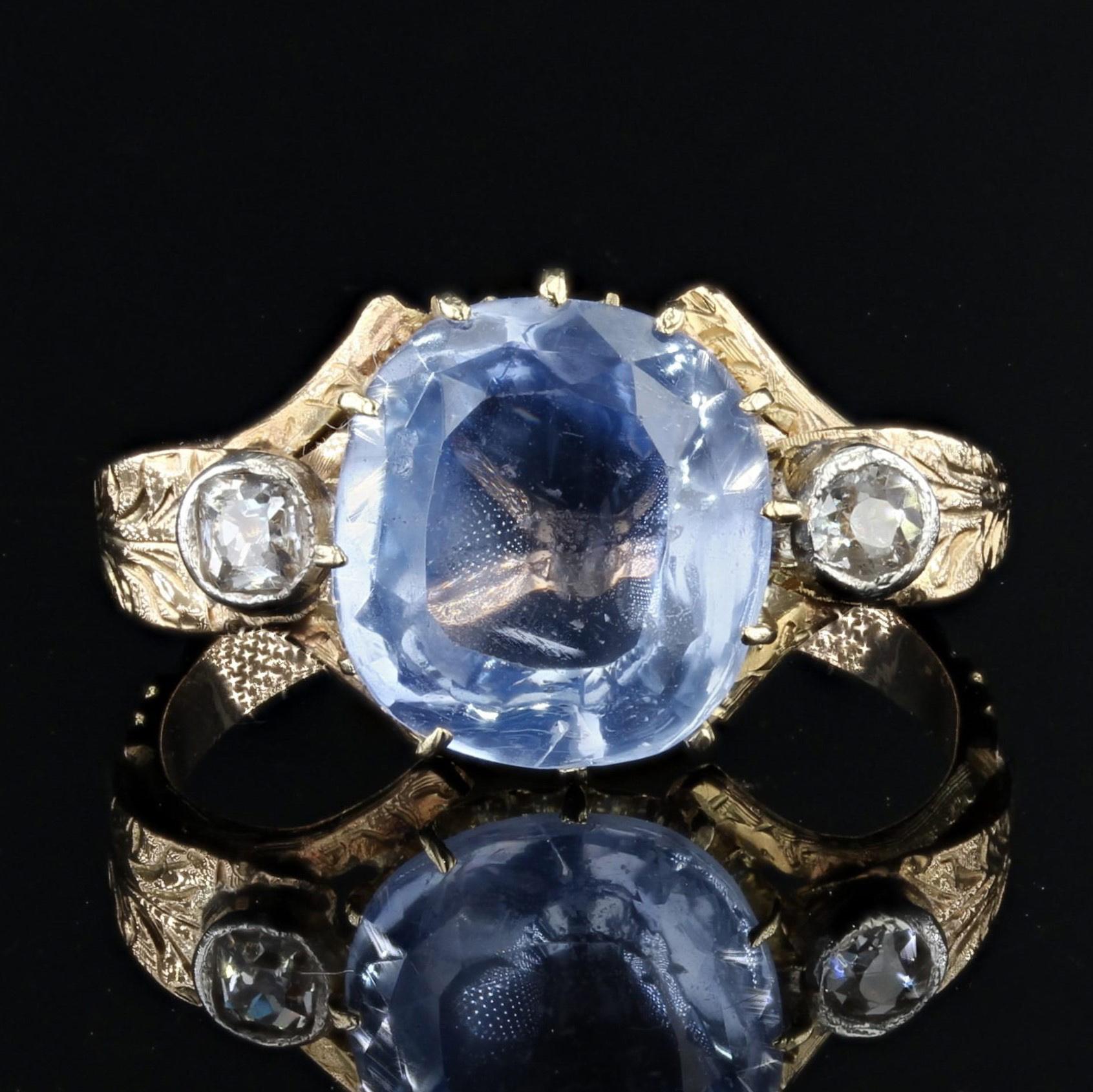 Napoleon III 19th Century Natural Sapphire Diamonds 18 Karat Yellow Gold Ring For Sale