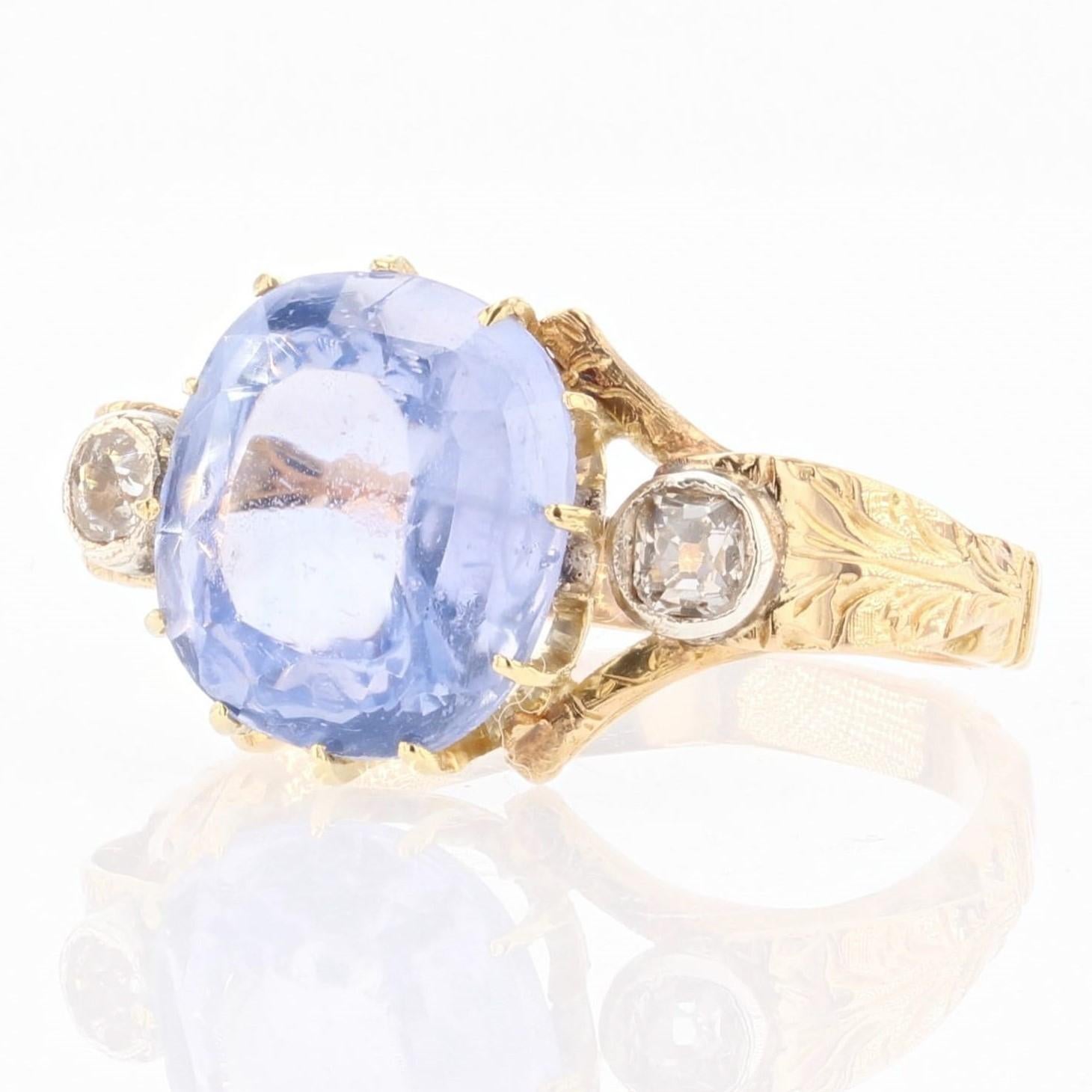 19th Century Natural Sapphire Diamonds 18 Karat Yellow Gold Ring For Sale 1