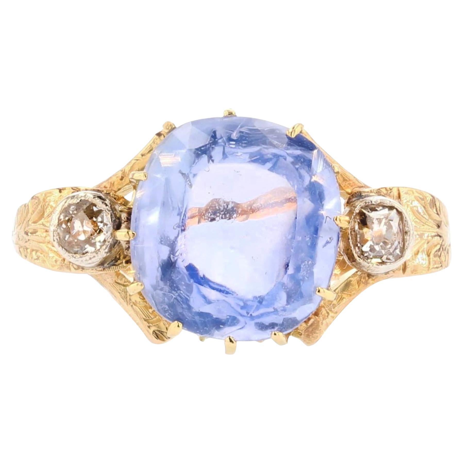 Anello in oro giallo 18 carati con diamanti e zaffiri naturali del XIX secolo
