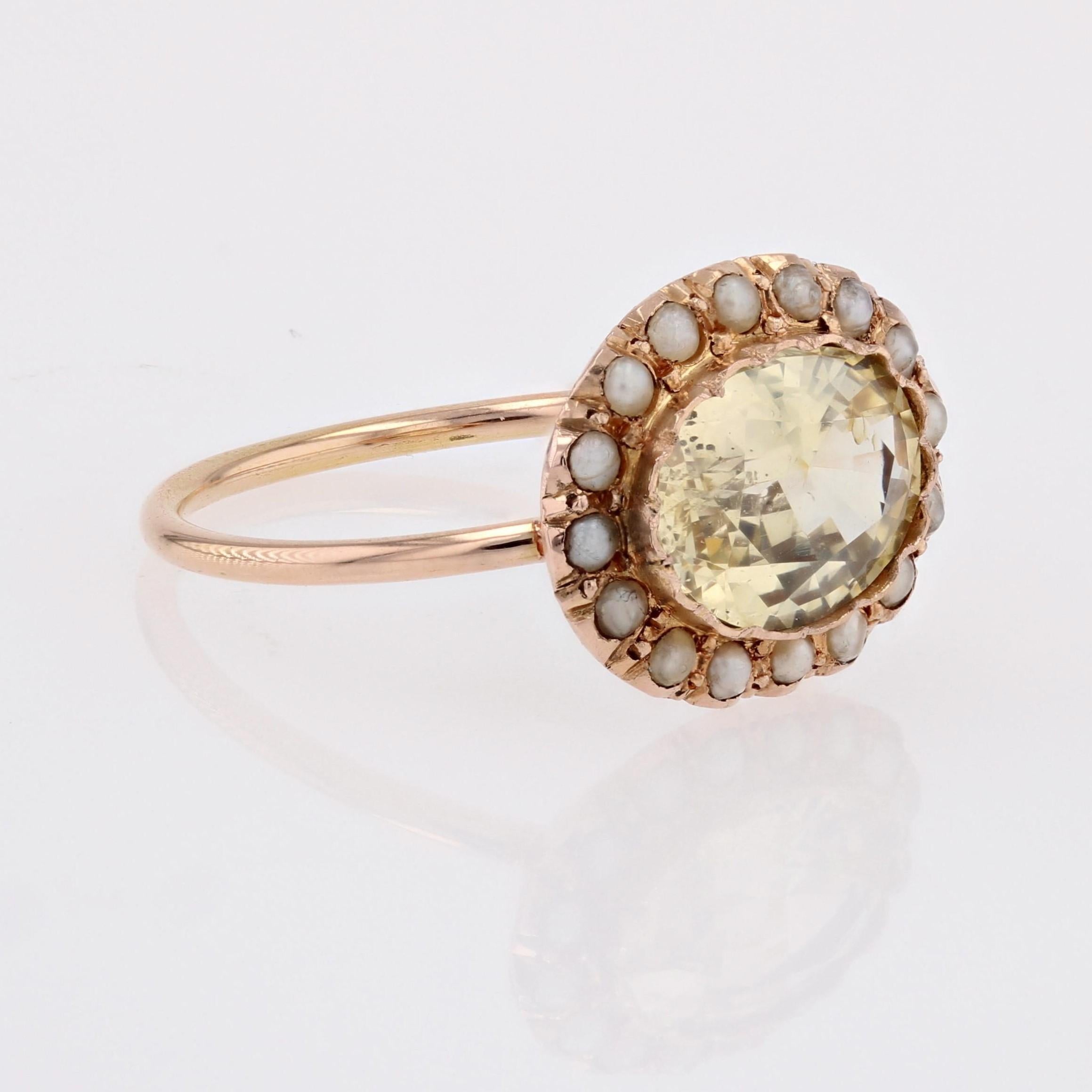 19th Century Natural Yellow Sapphire Fine Pearls 18 Karat Rose Gold Ring For Sale 4