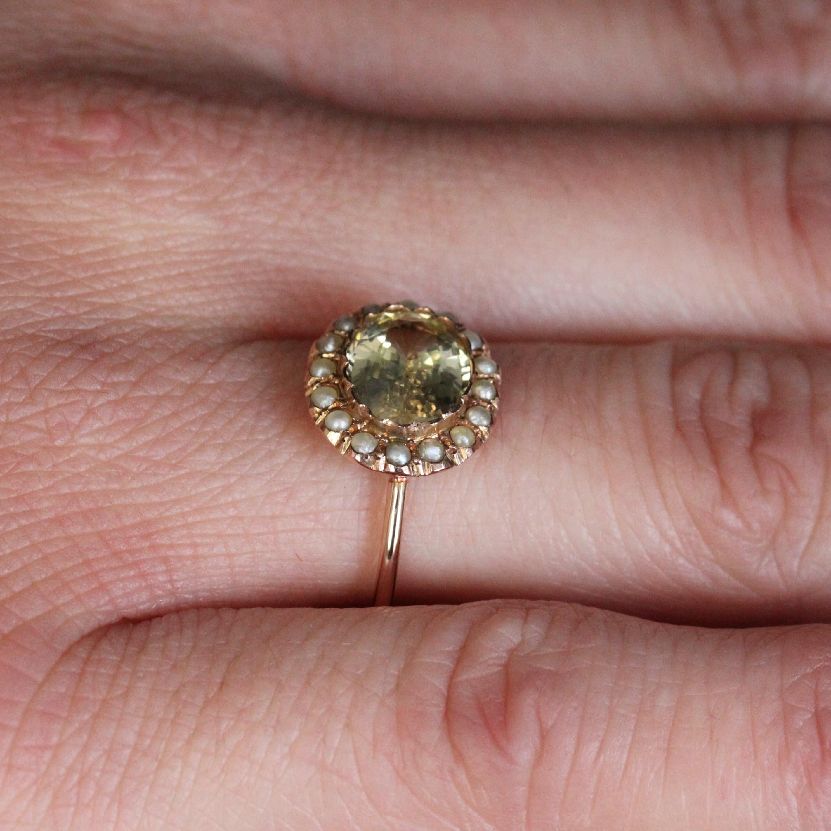 19th Century Natural Yellow Sapphire Fine Pearls 18 Karat Rose Gold Ring For Sale 5