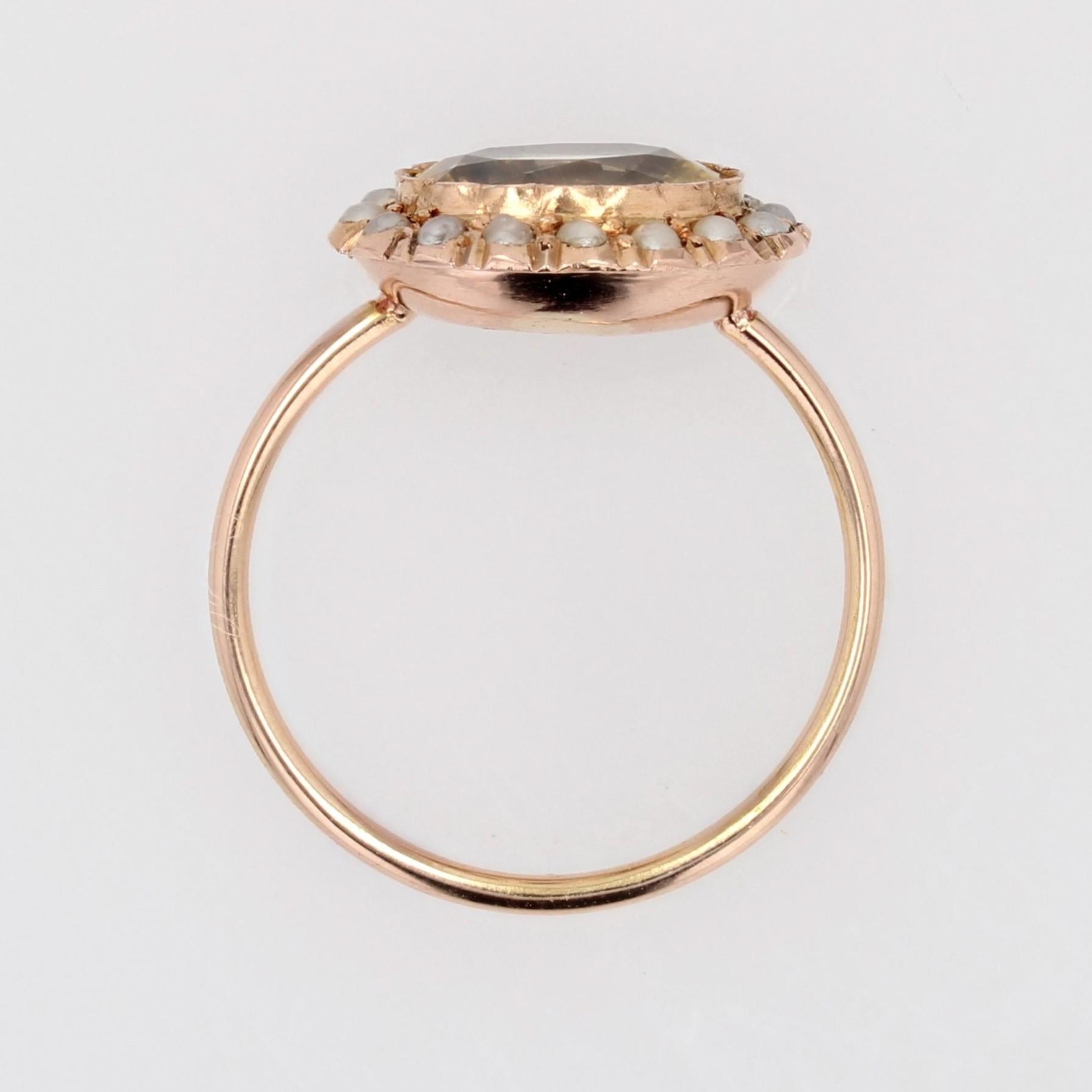 Bague en or rose 18 carats du 19e siècle, saphir jaune naturel et perles fines en vente 6