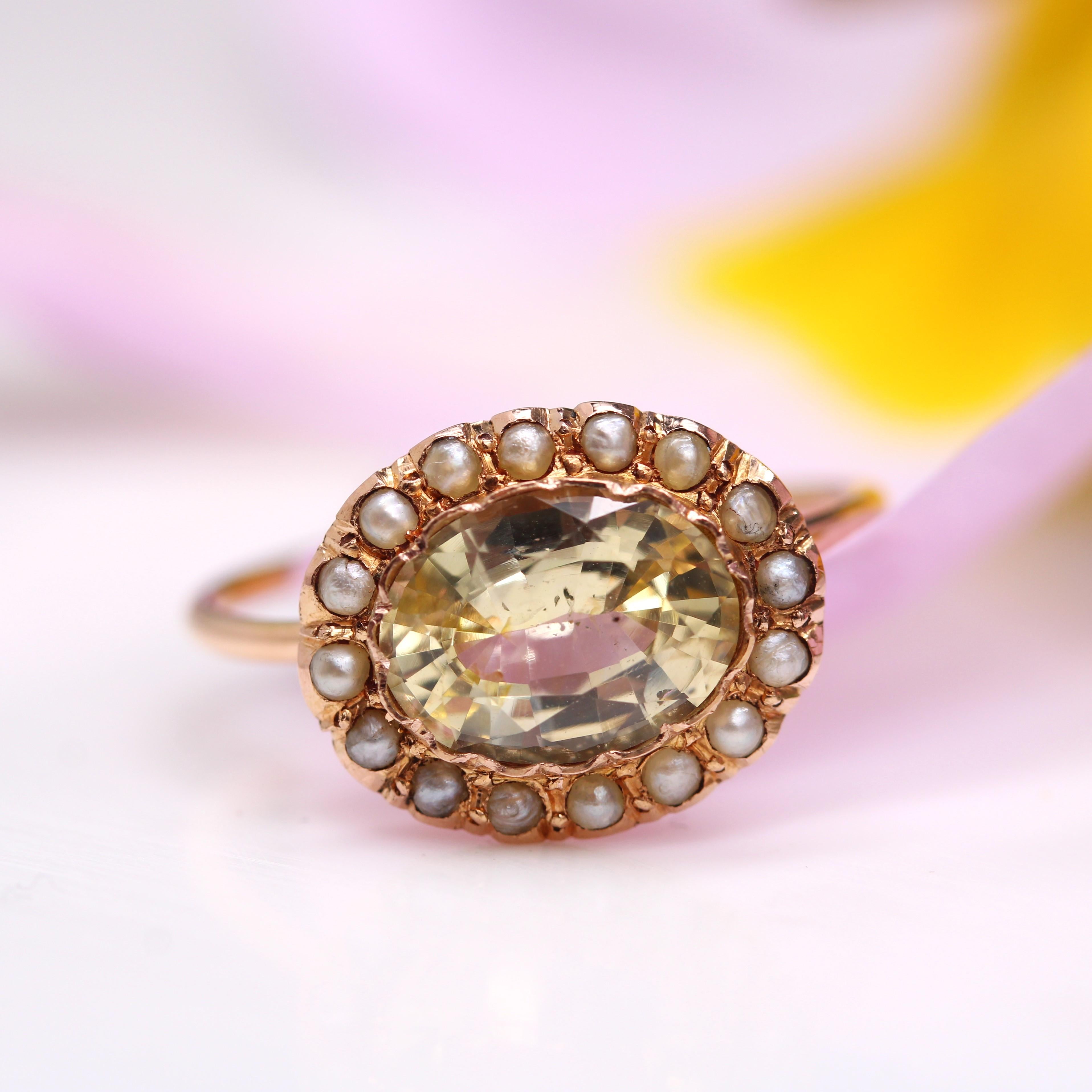 Belle Époque 19th Century Natural Yellow Sapphire Fine Pearls 18 Karat Rose Gold Ring For Sale