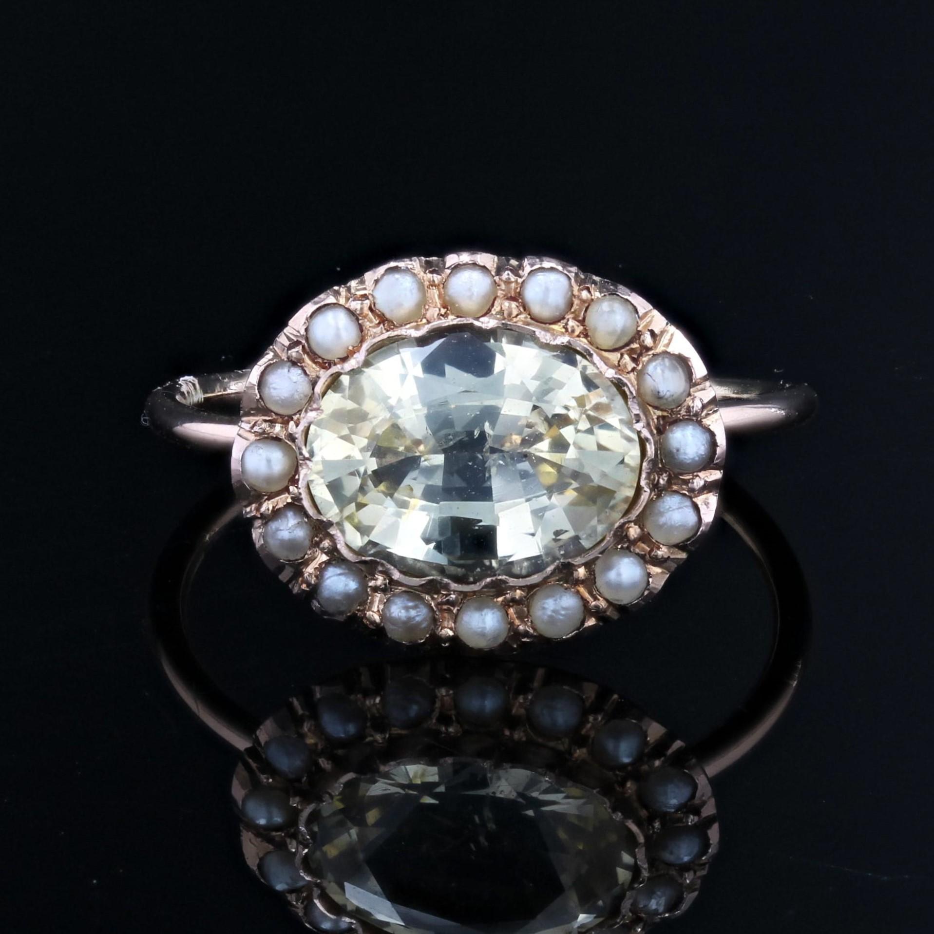 19th Century Natural Yellow Sapphire Fine Pearls 18 Karat Rose Gold Ring In Good Condition For Sale In Poitiers, FR