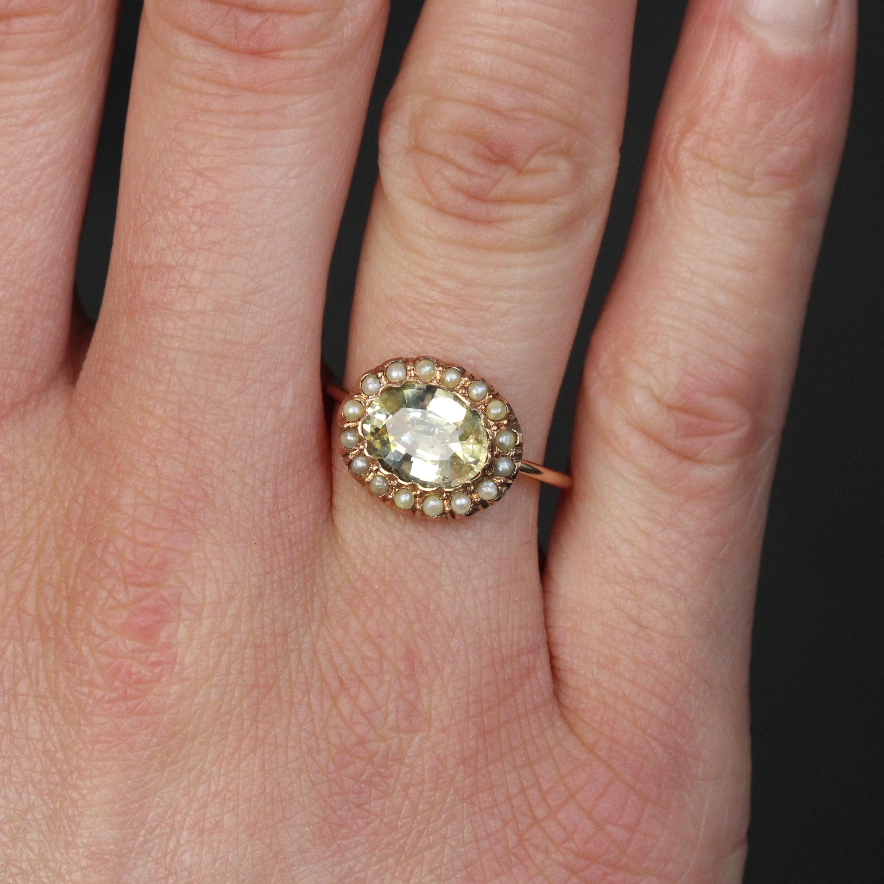 Women's 19th Century Natural Yellow Sapphire Fine Pearls 18 Karat Rose Gold Ring For Sale