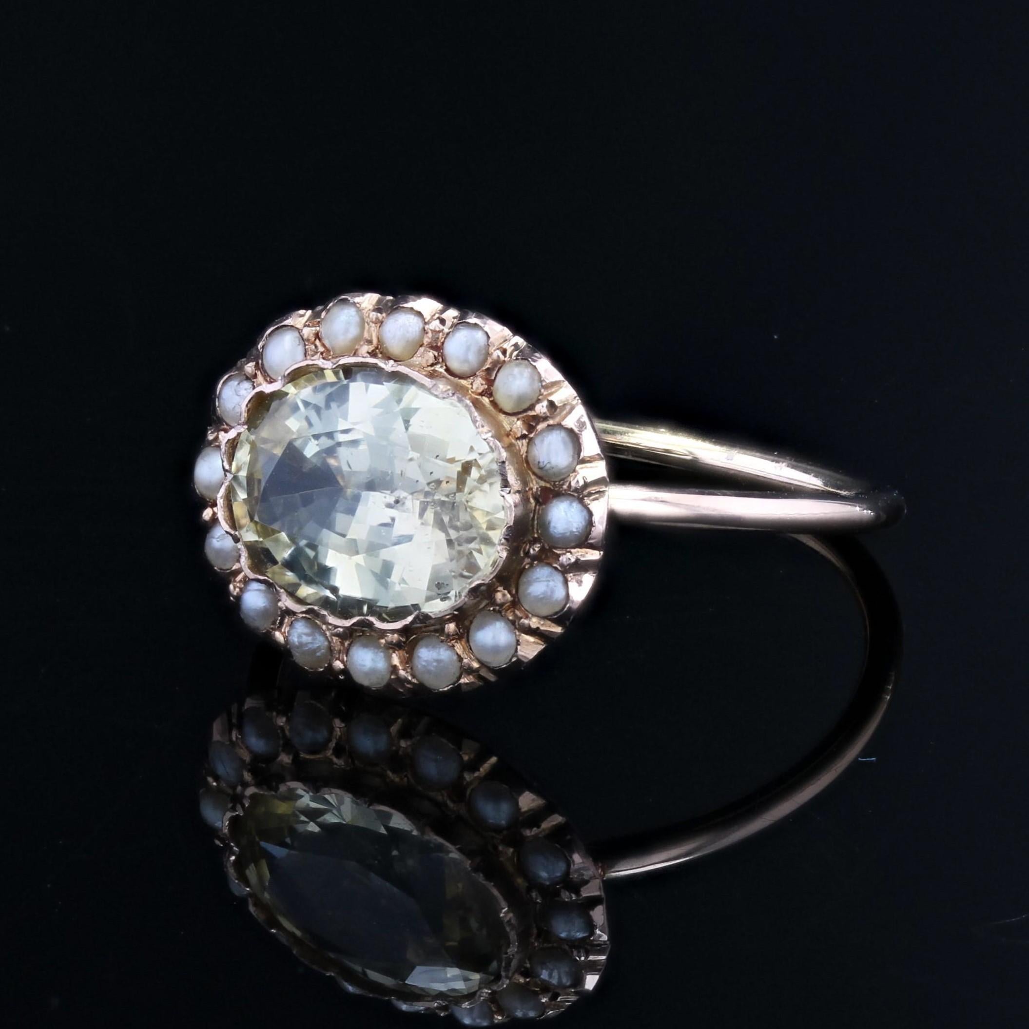 19th Century Natural Yellow Sapphire Fine Pearls 18 Karat Rose Gold Ring For Sale 1