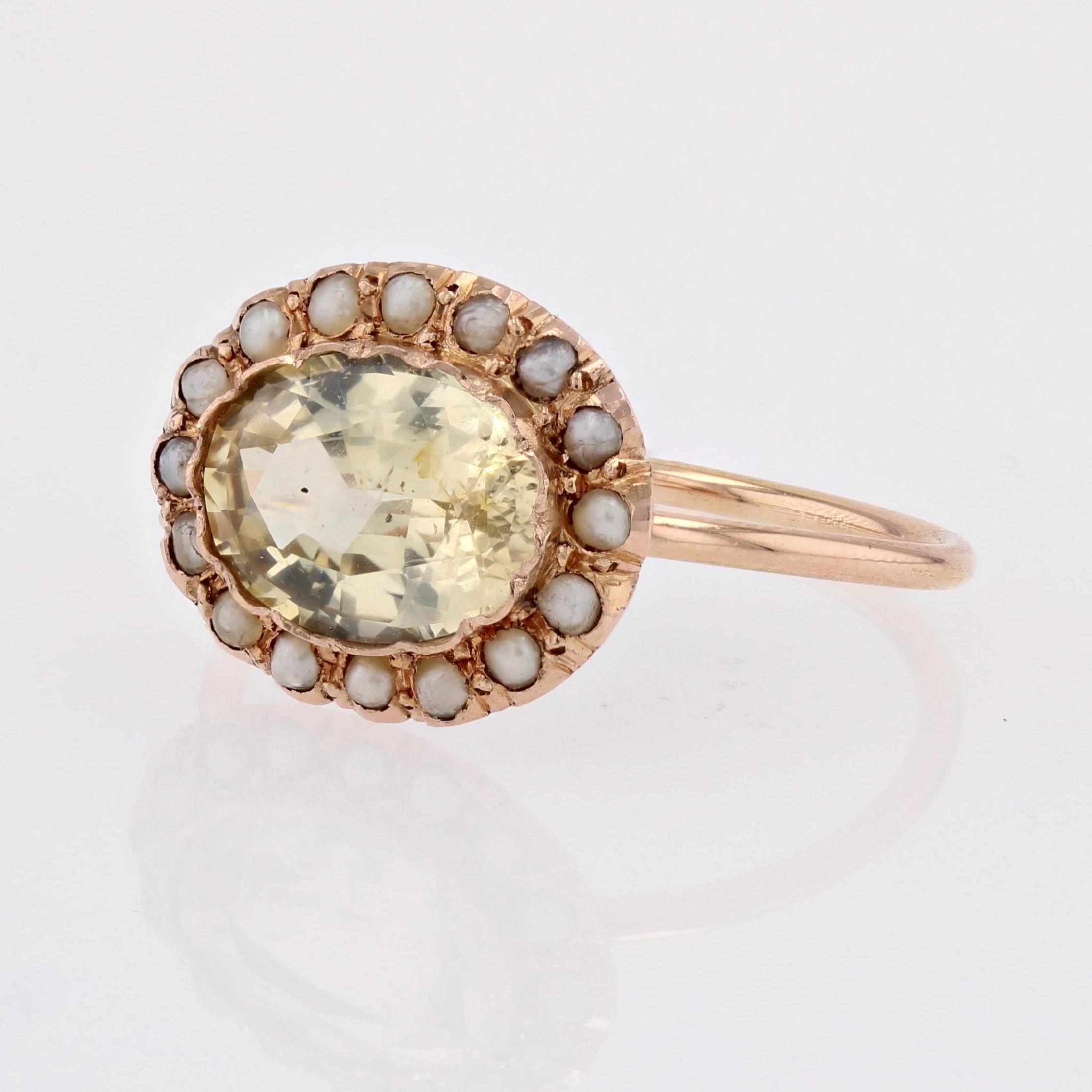 19th Century Natural Yellow Sapphire Fine Pearls 18 Karat Rose Gold Ring For Sale 2